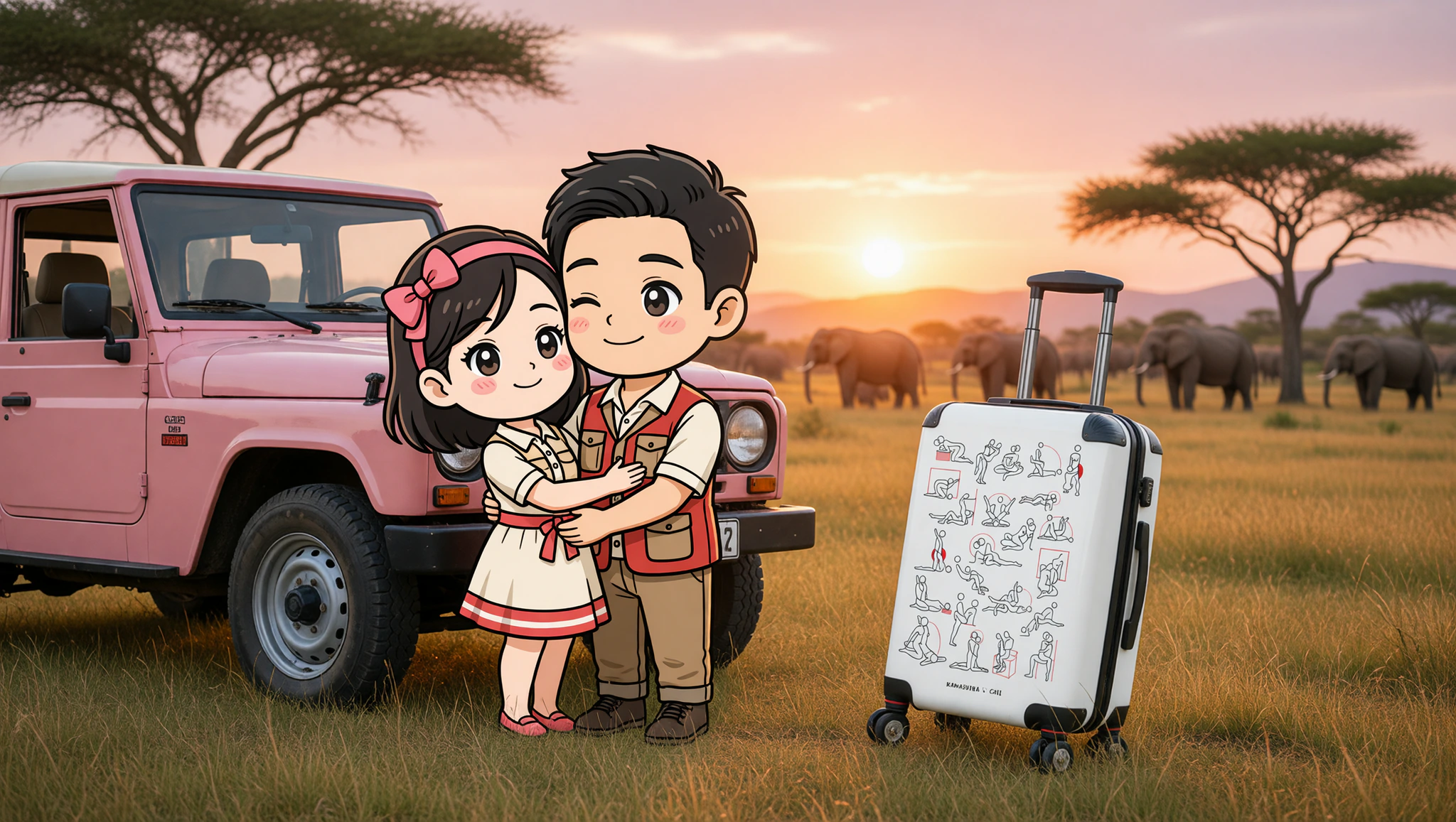 Couple on romantic African safari with Kamasutra Cute suitcase amid sunset savanna.