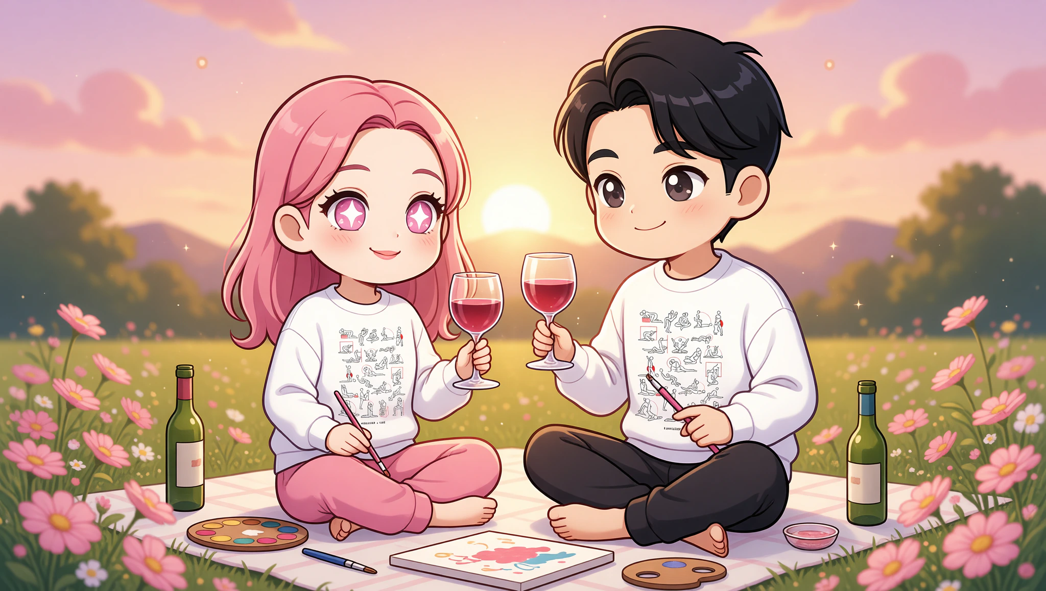 Couple enjoying wine and paint date night in Kamasutra Cute sweatshirts.