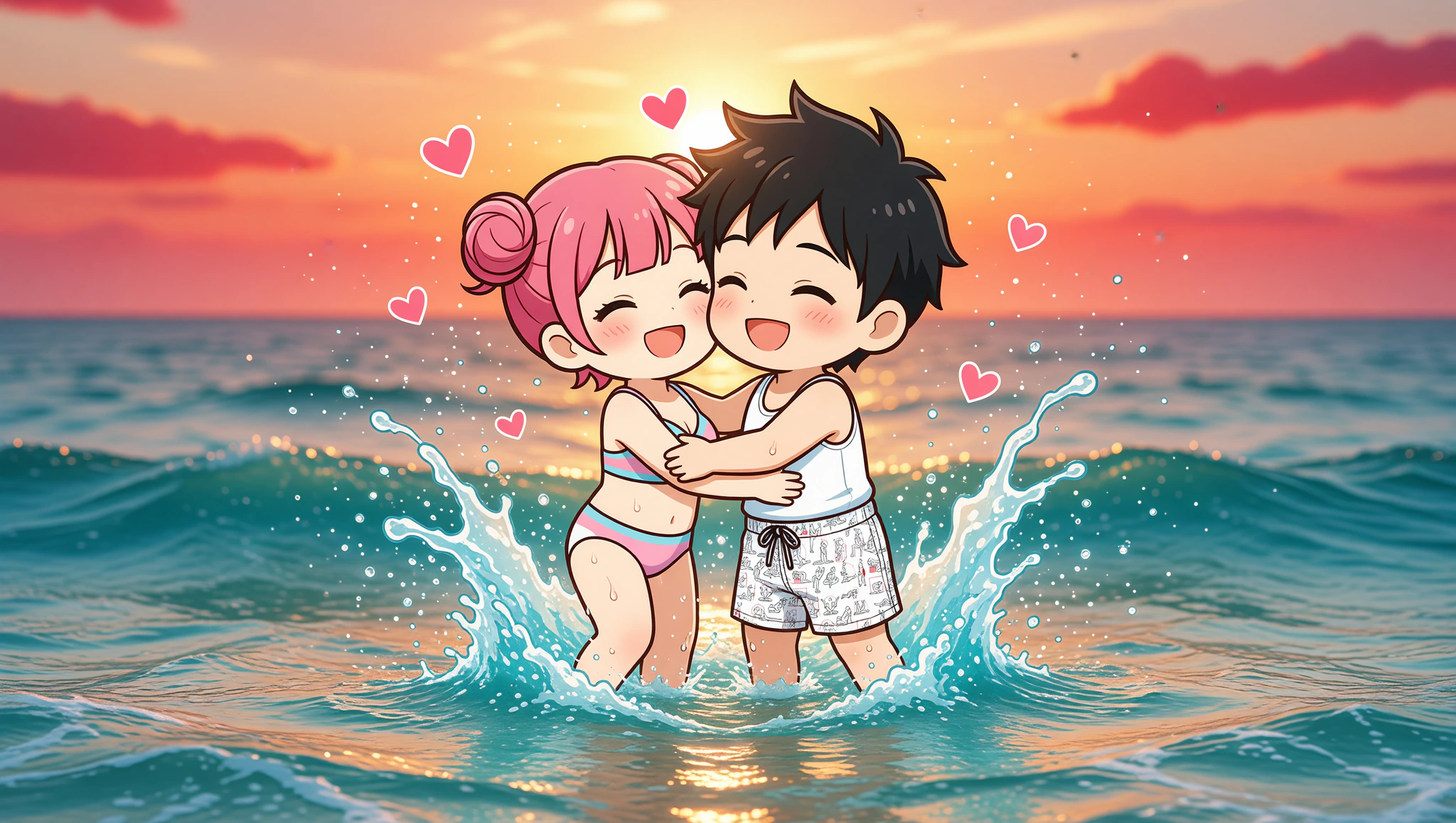 Couple on sunset beach swim date, him in cheeky recycled swim trunks.