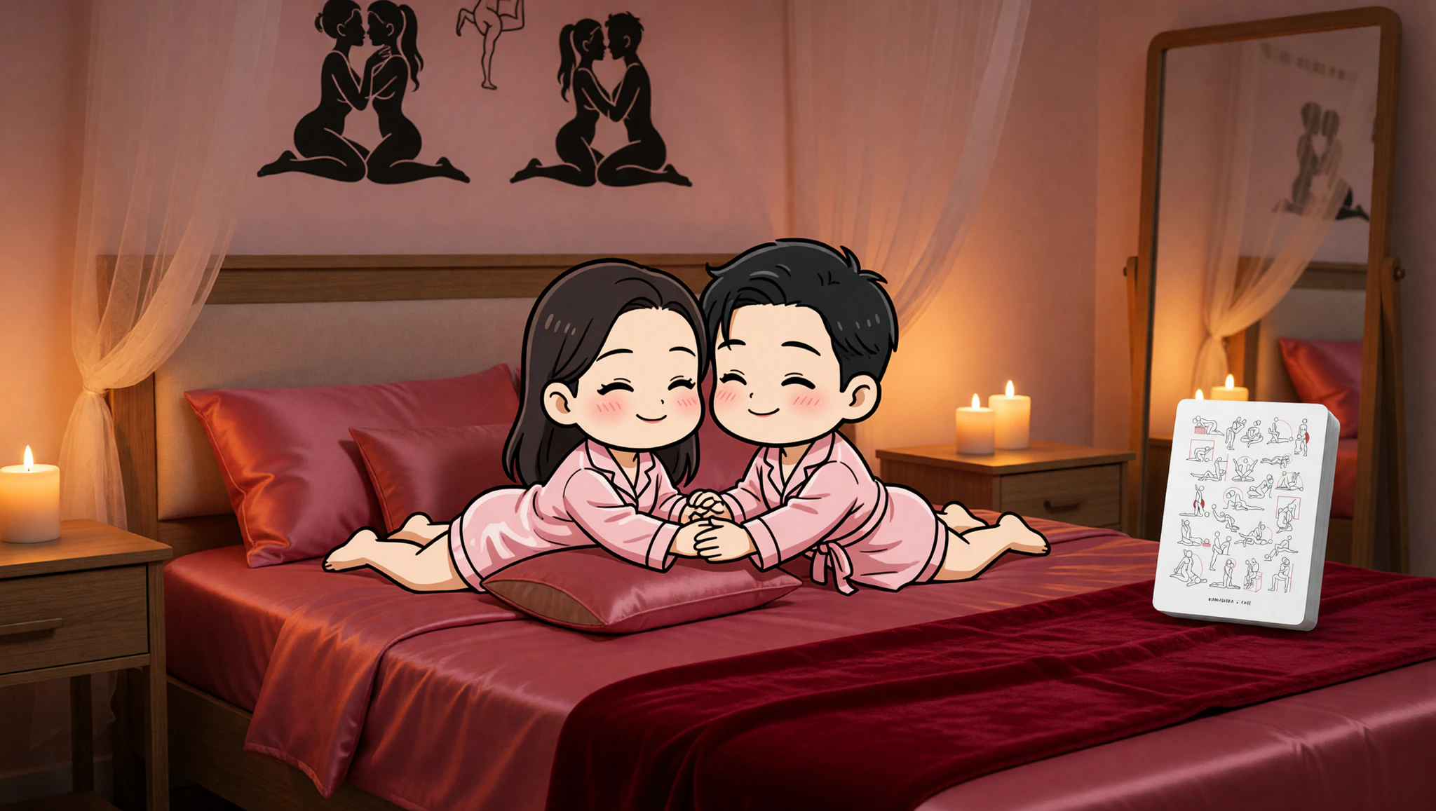 Ein Paar in sinnlicher Missionarsstellung-Variation auf seidenen Laken mit intensivem Augenkontakt.