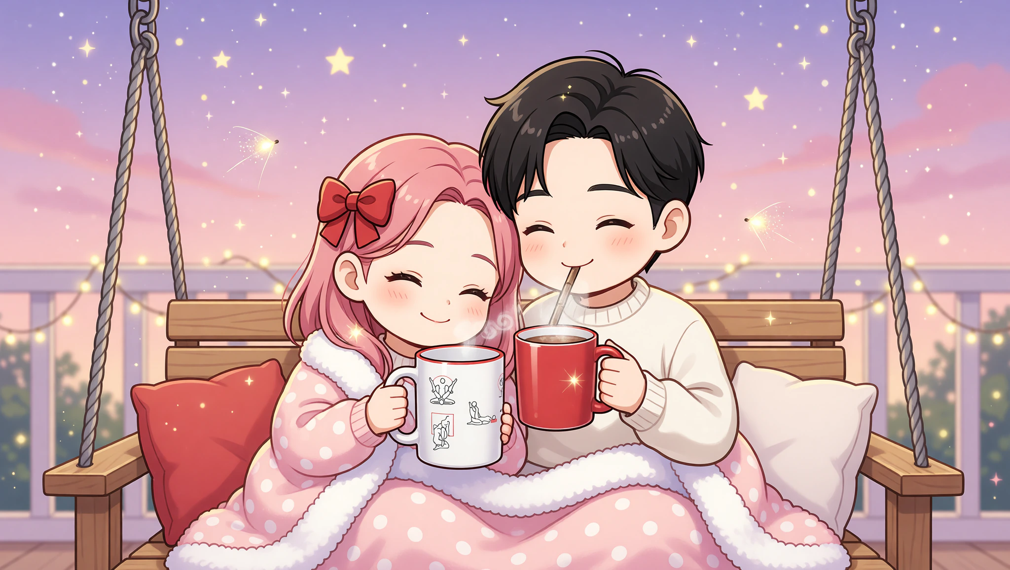 Chibi couple on porch swing with hot cocoa mugs at dusk