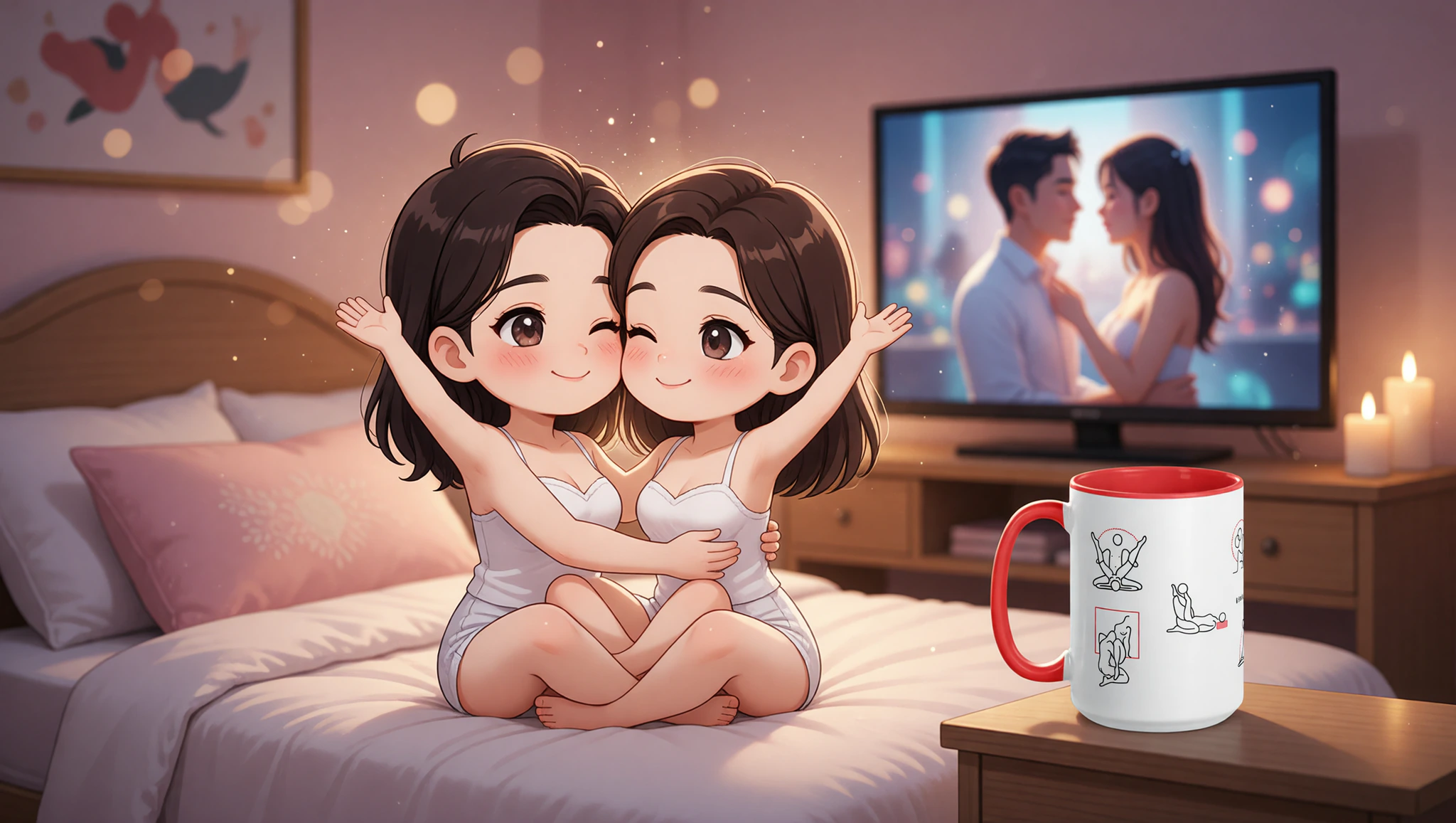 Man and woman couple intimately recreating a Kama Sutra position inspired by the movie playing on their TV.