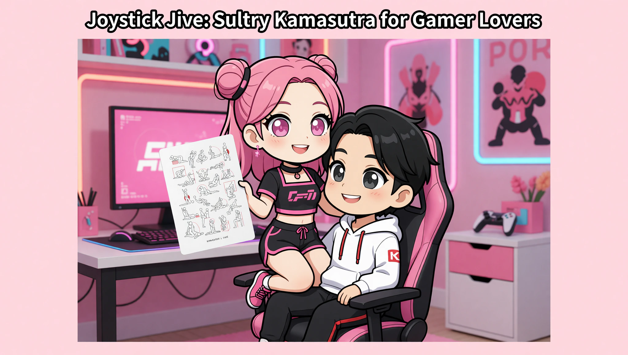 Ein verspieltes Gamer-Paar in einer prickelnden Kamasutra-Pose auf dem Gaming-Sessel mit Karten und Controllern.