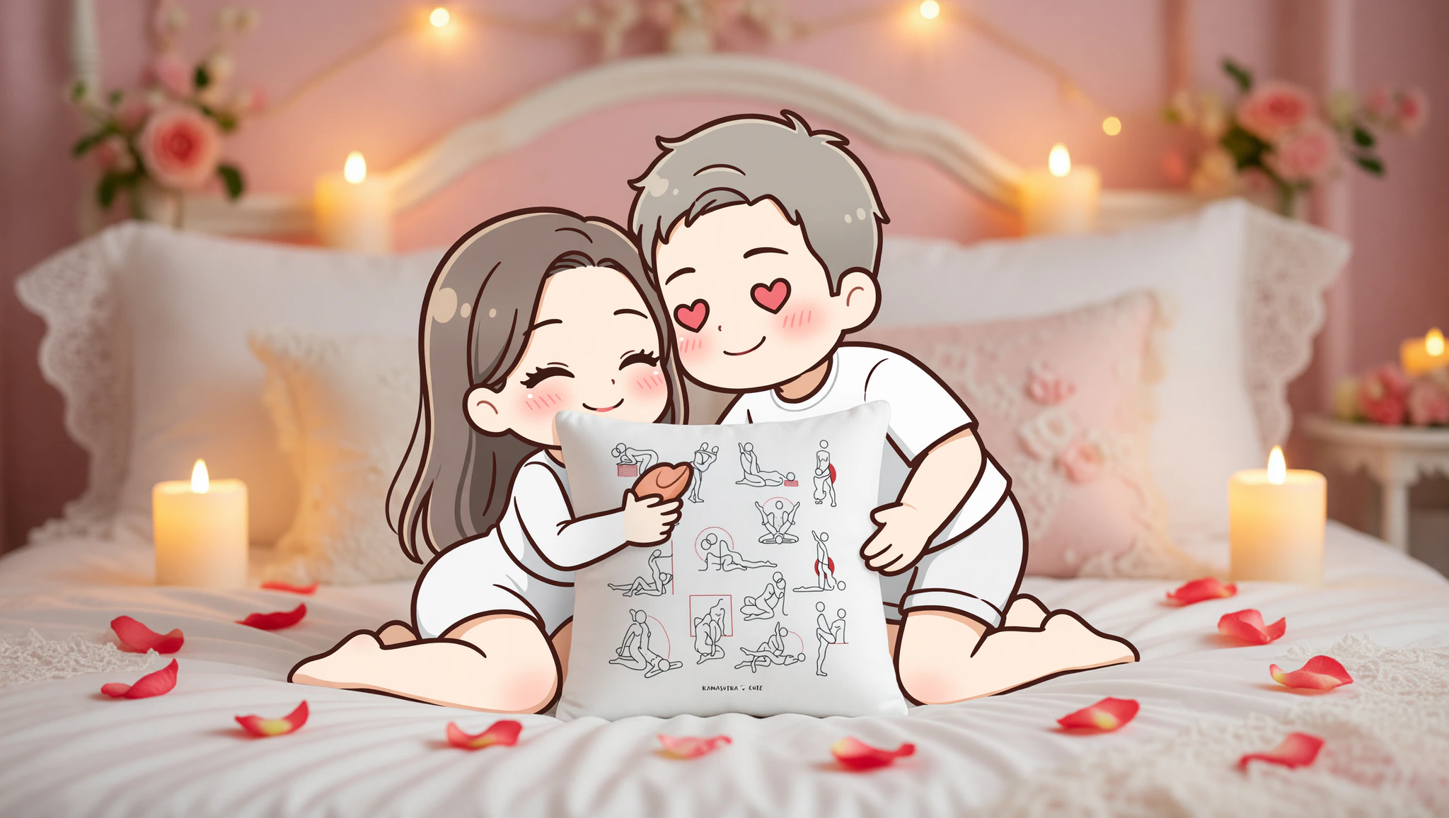 Romantic heterosexual couple exploring anniversary ecstasy positions with supportive Kamasutra Cute - Basic Pillow for heightened intimacy.