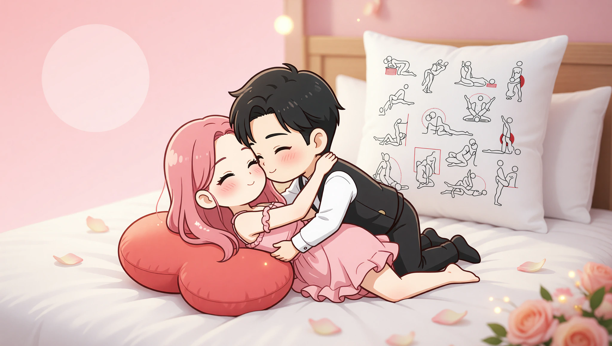 A loving couple enjoying an elevated missionary position with a supportive pillow, capturing newlywed intimacy.