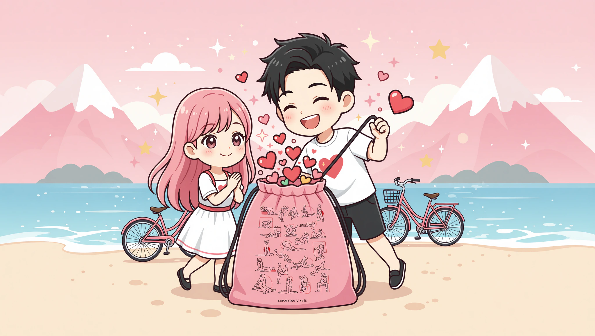 Chibi couple unveiling birthday surprise drawstring bag on adventure date.