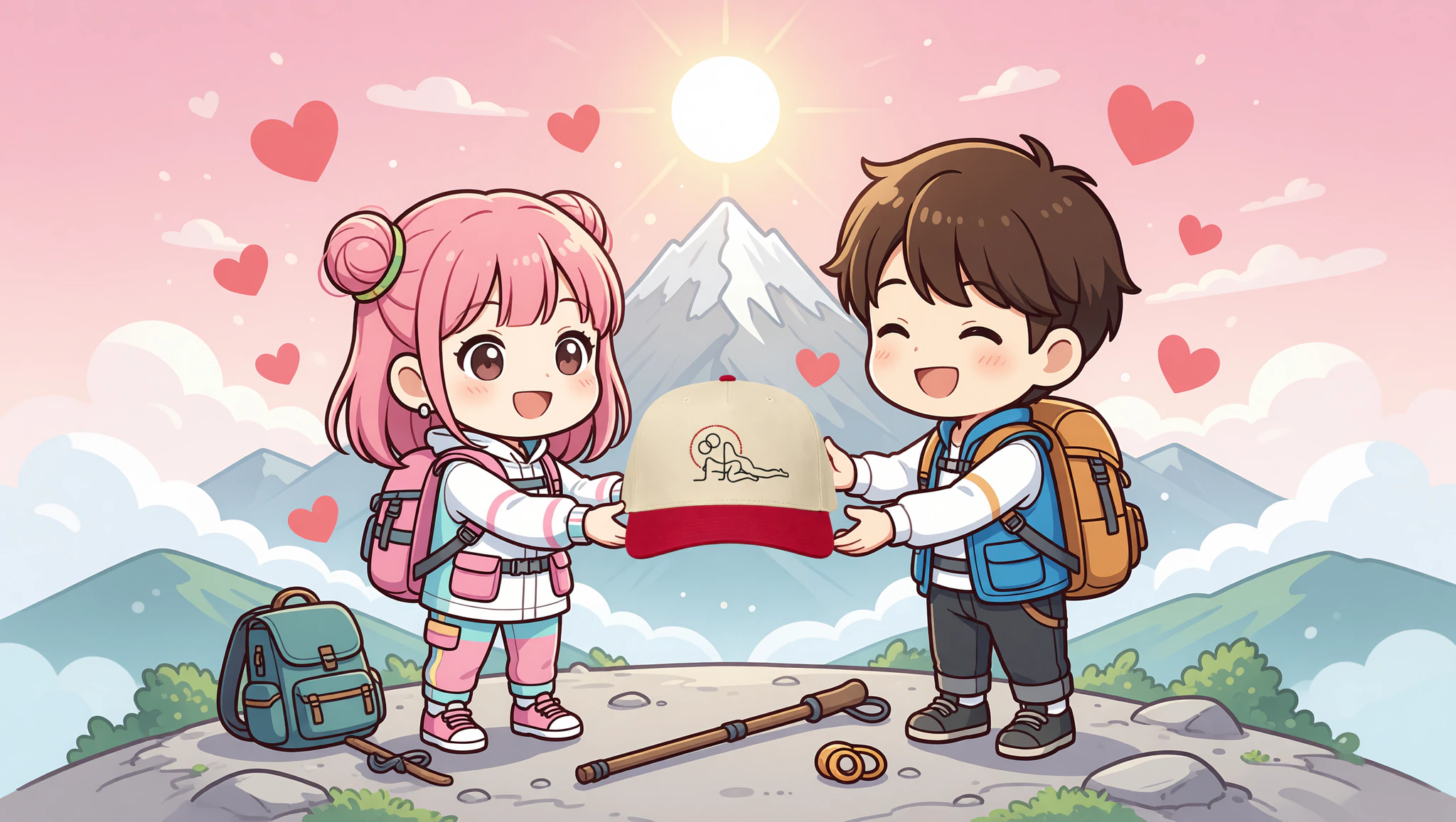 Chibi couple with Kamasutra cap on birthday adventure peak