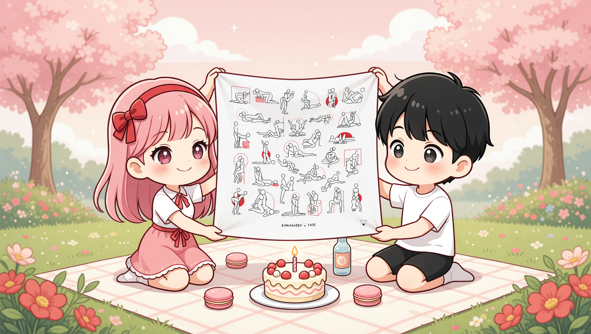 Chibi couple in flirty birthday picnic with Kamasutra bandana gift