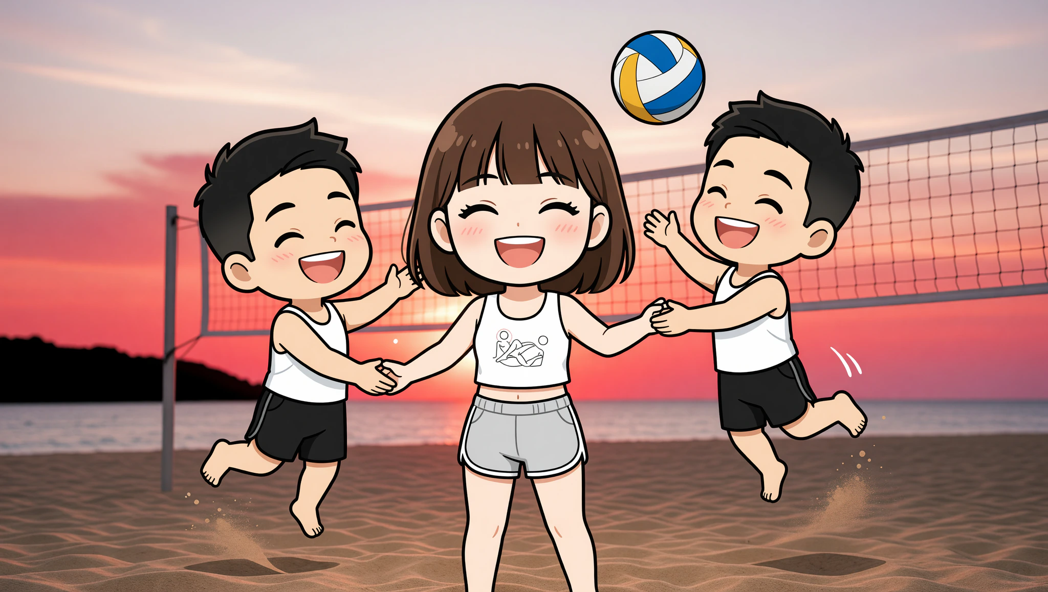 Couple enjoying flirty beach volleyball date in Kamasutra Cute Crop Top