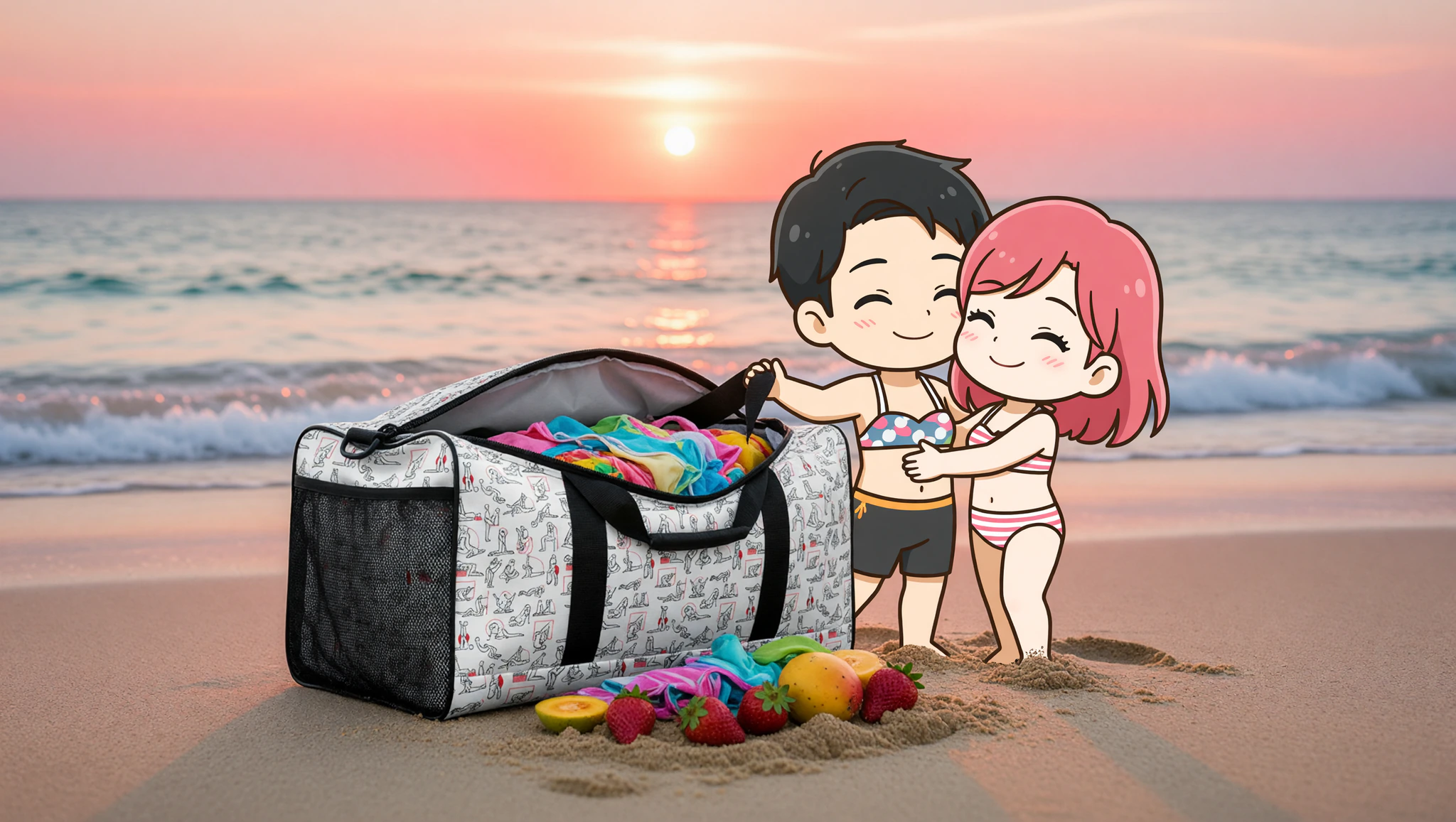 Couple surprised by Kamasutra Cute Duffle bag on beach passion escape