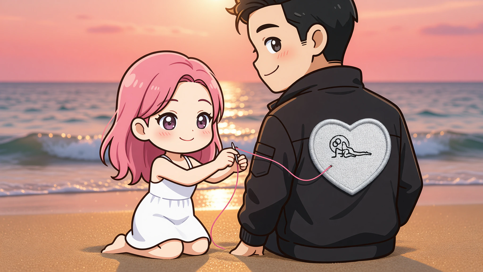 Couple sewing flirty Kamasutra patch on jacket during beach date