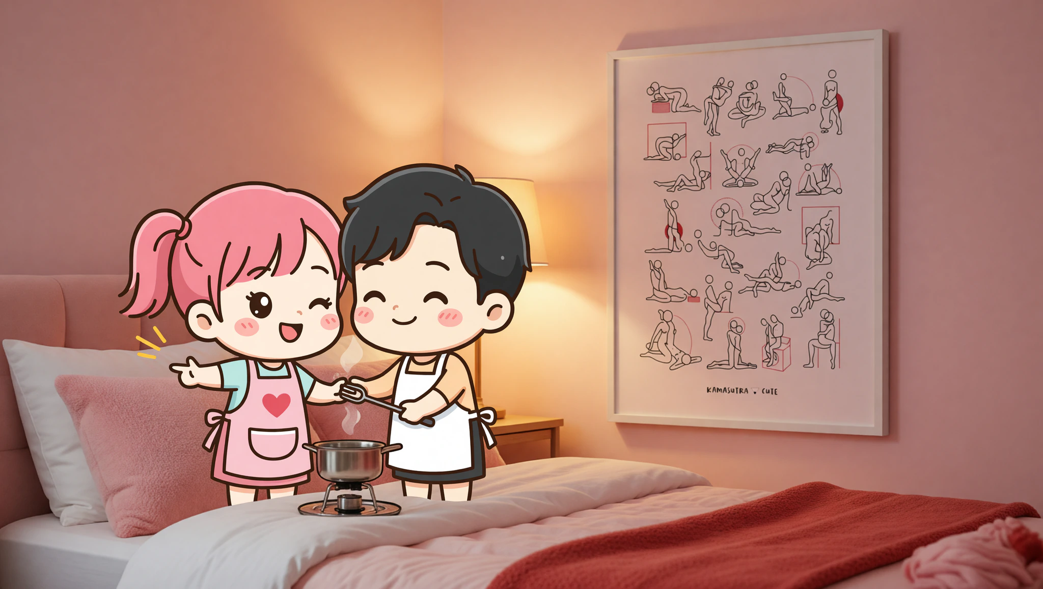 Couple's flirty kitchen date night ending in Kamasutra Cute framed poster bedroom surprise.
