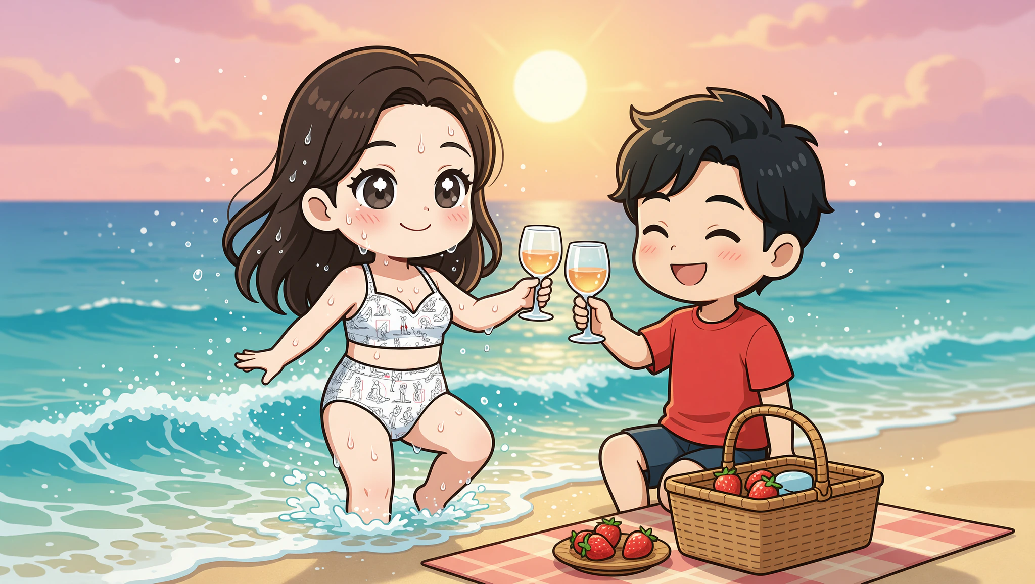 Couple on sunset beach picnic date, her in flirty high-waisted bikini, romantic surprise gift moment.