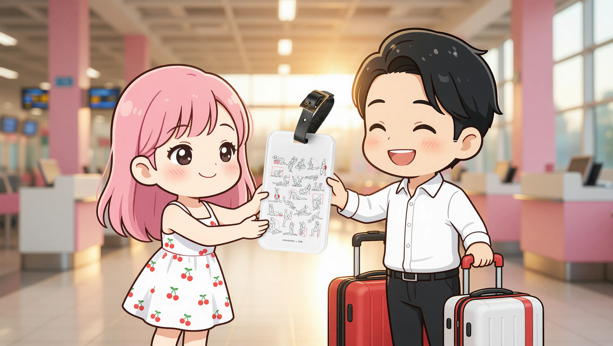 Couple gifting Kamasutra Cute - Luggage Tag during travel birthday surprise at airport.
