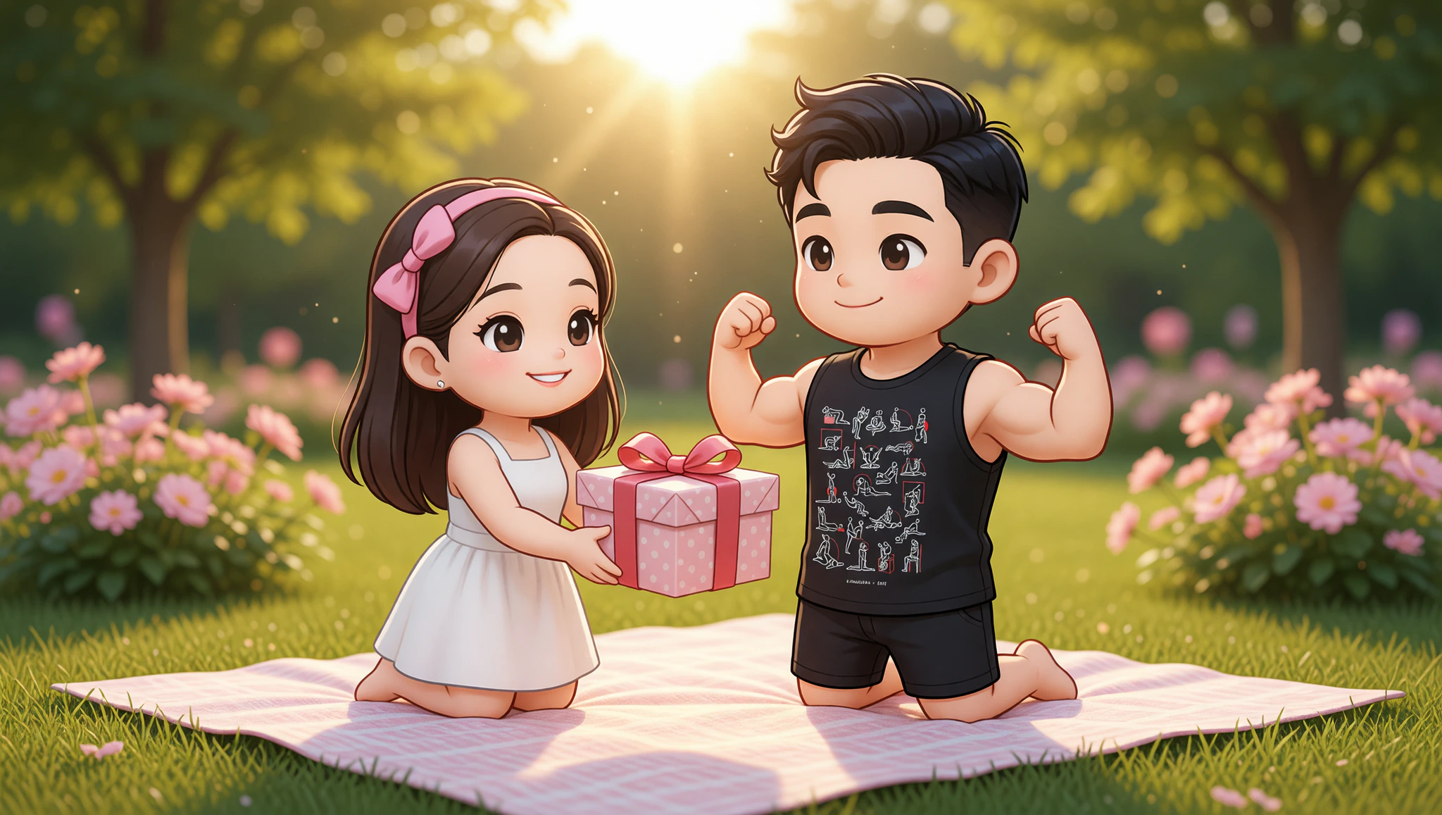 Couple celebrating his gym PR with Kamasutra Cute - Muscle Shirt picnic surprise