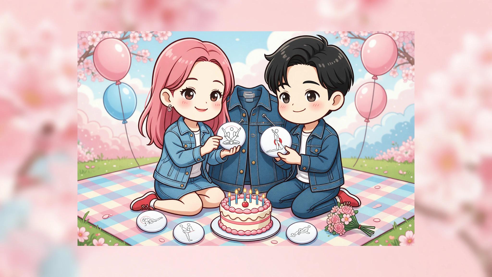 Chibi couple gifting Kamasutra cute pins on anniversary picnic date