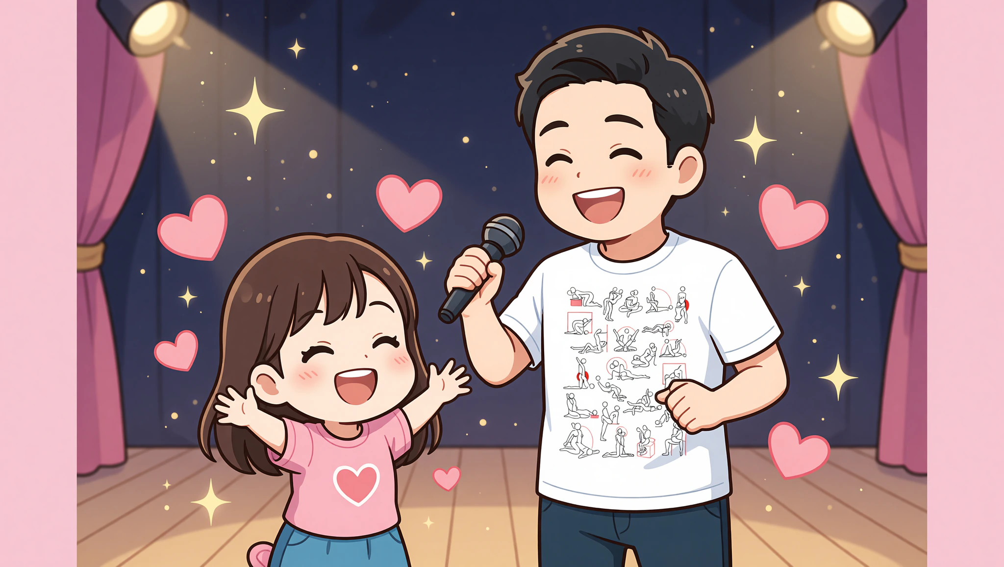 Chibi couple enjoying improv night with Kamasutra cute t-shirt surprise.