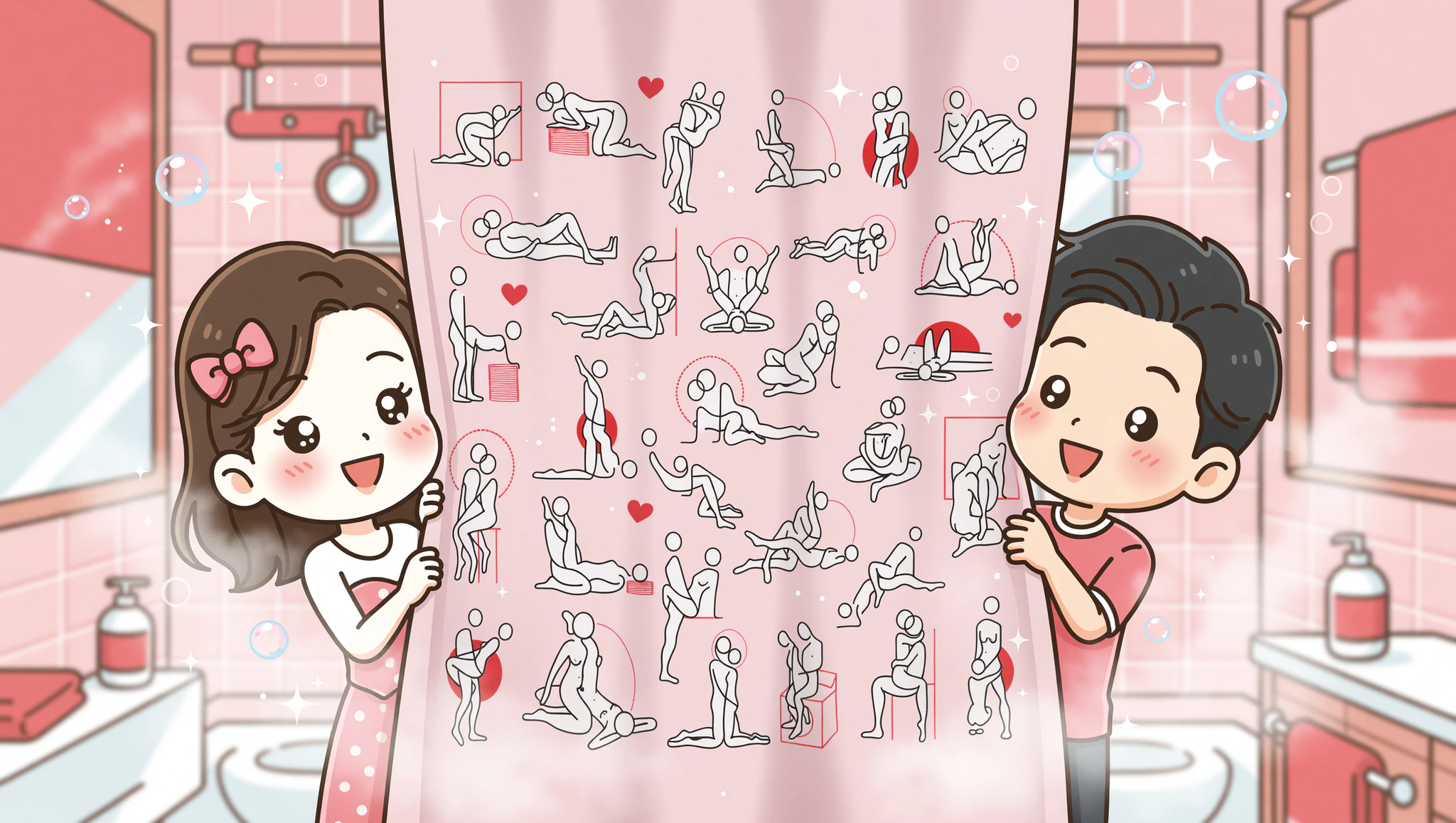 Chibi couple discovers Kamasutra Cute shower curtain surprise