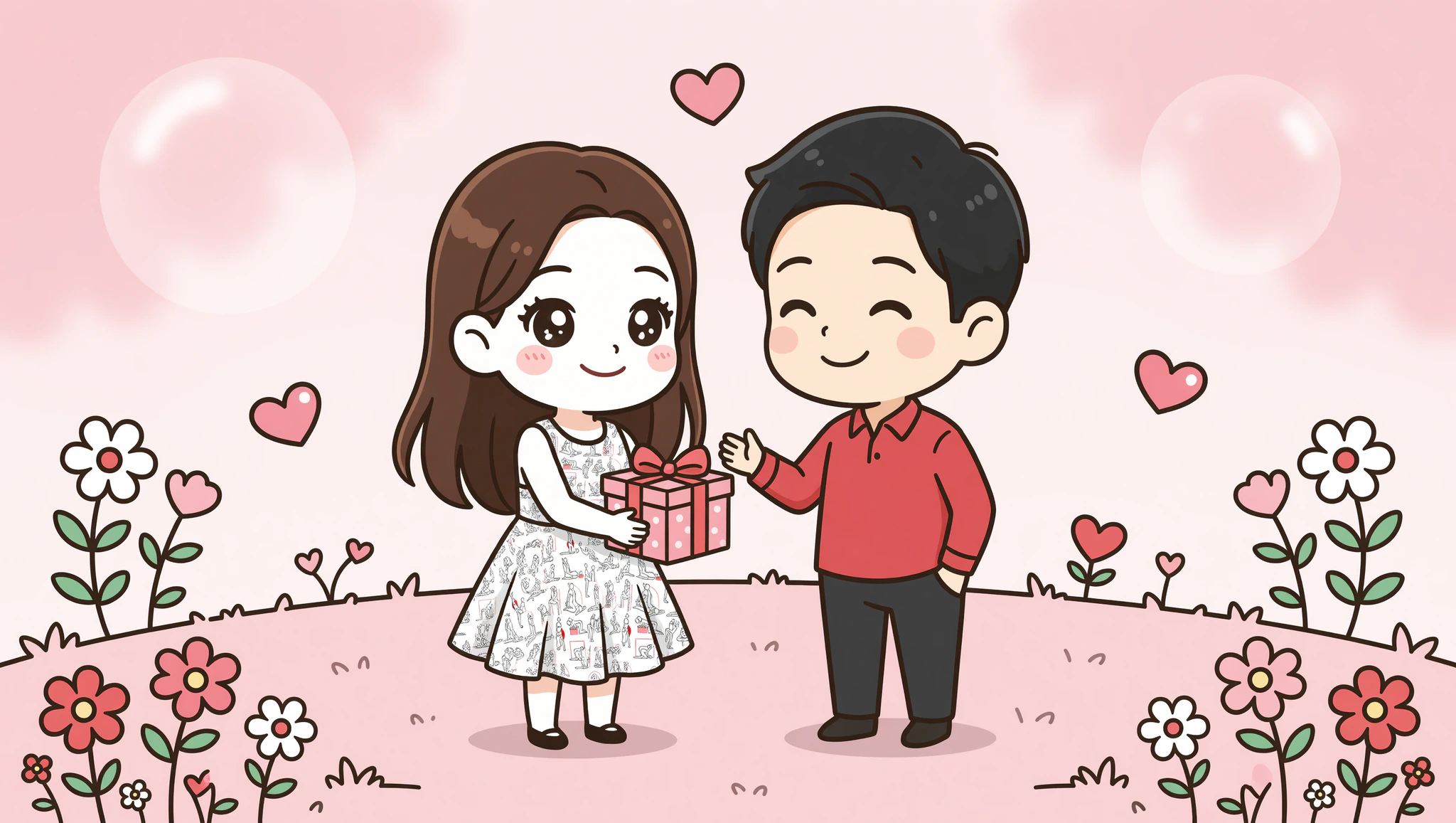 Chibi couple with birthday skater dress in park.