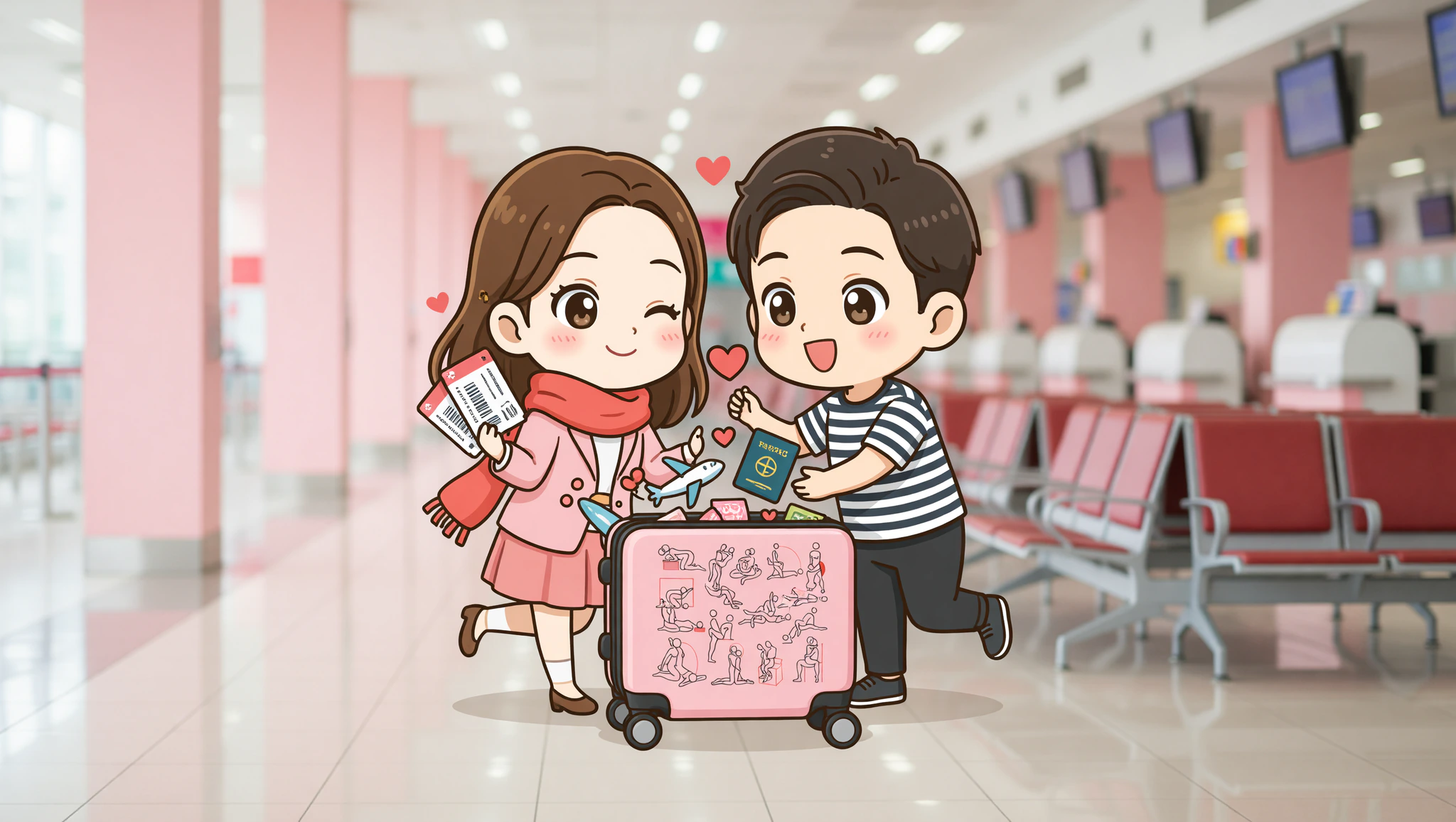Chibi couple gifting Kamasutra Cute suitcase for anniversary travel