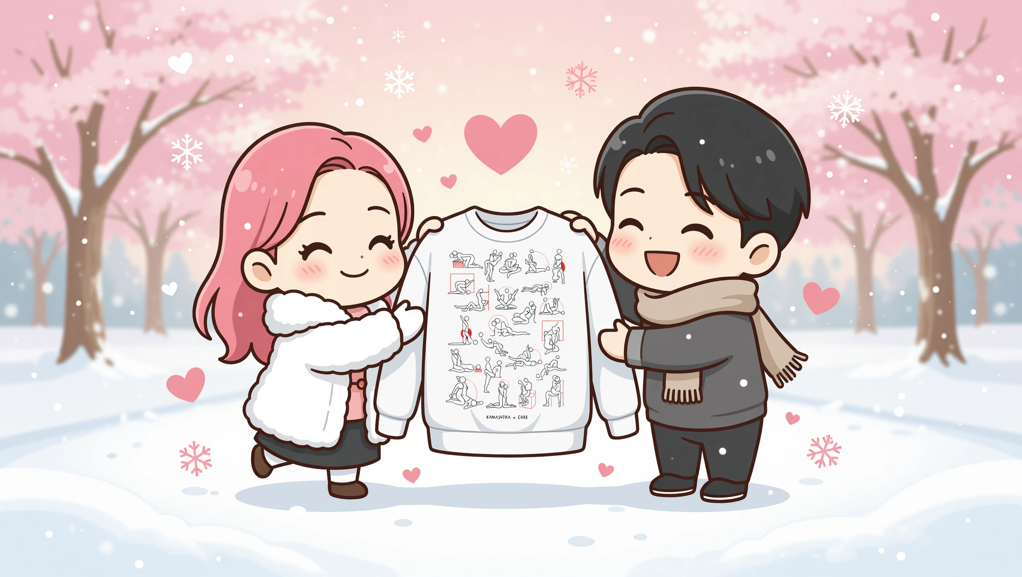 Chibi couple sharing winter birthday sweatshirt surprise in snow