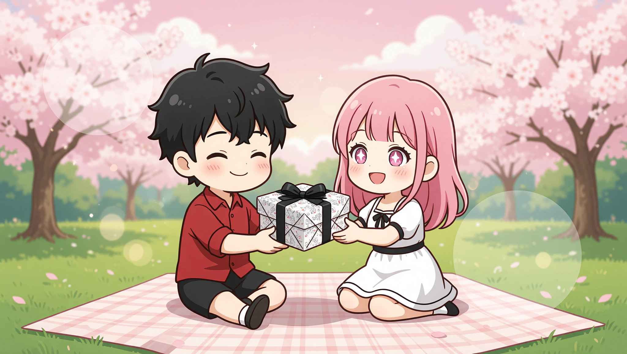 Chibi couple sharing Kamasutra Cute wrapped gift on flirty picnic date.