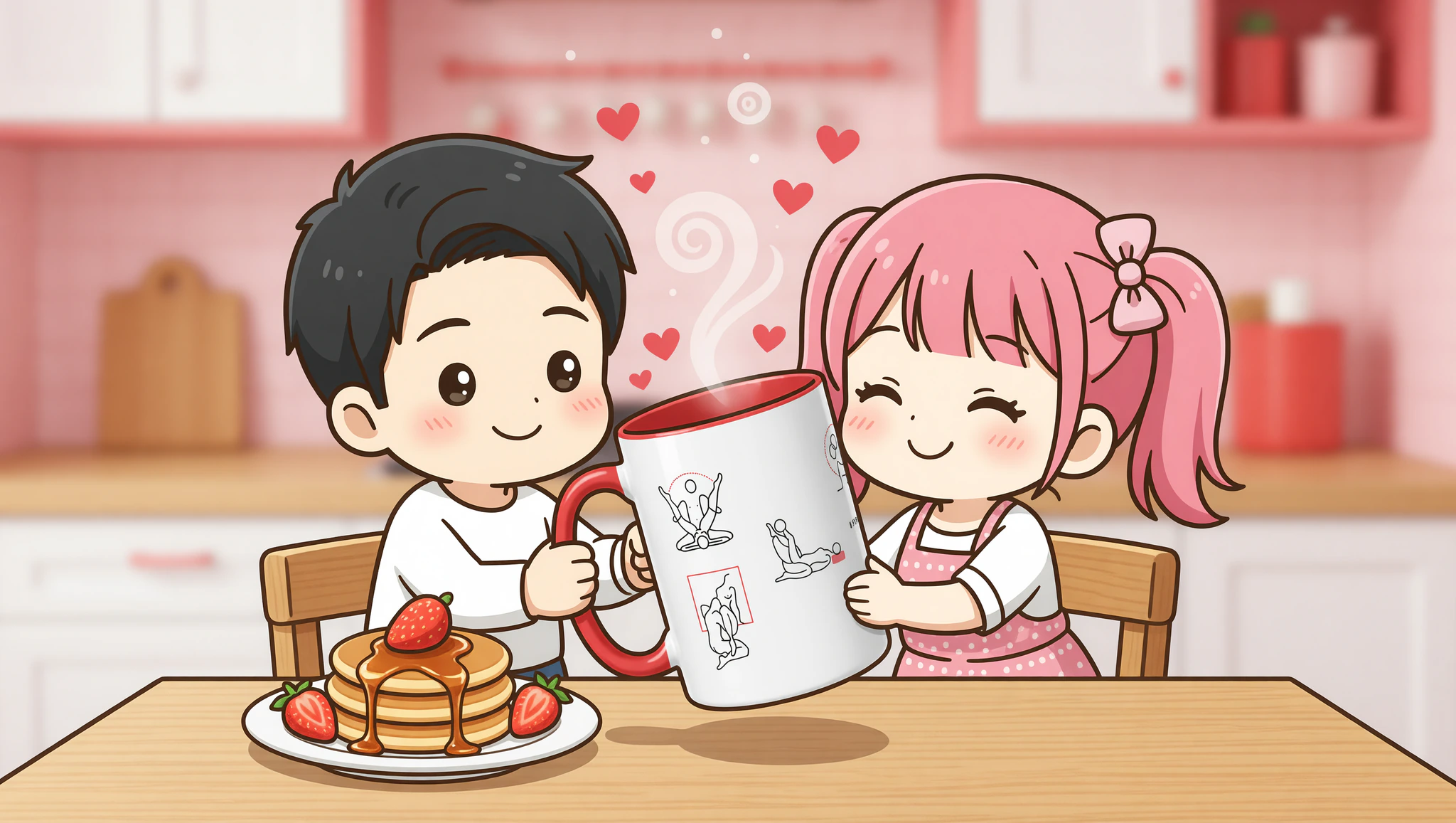 Chibi couple toasting with surprise color mug on anniversary
