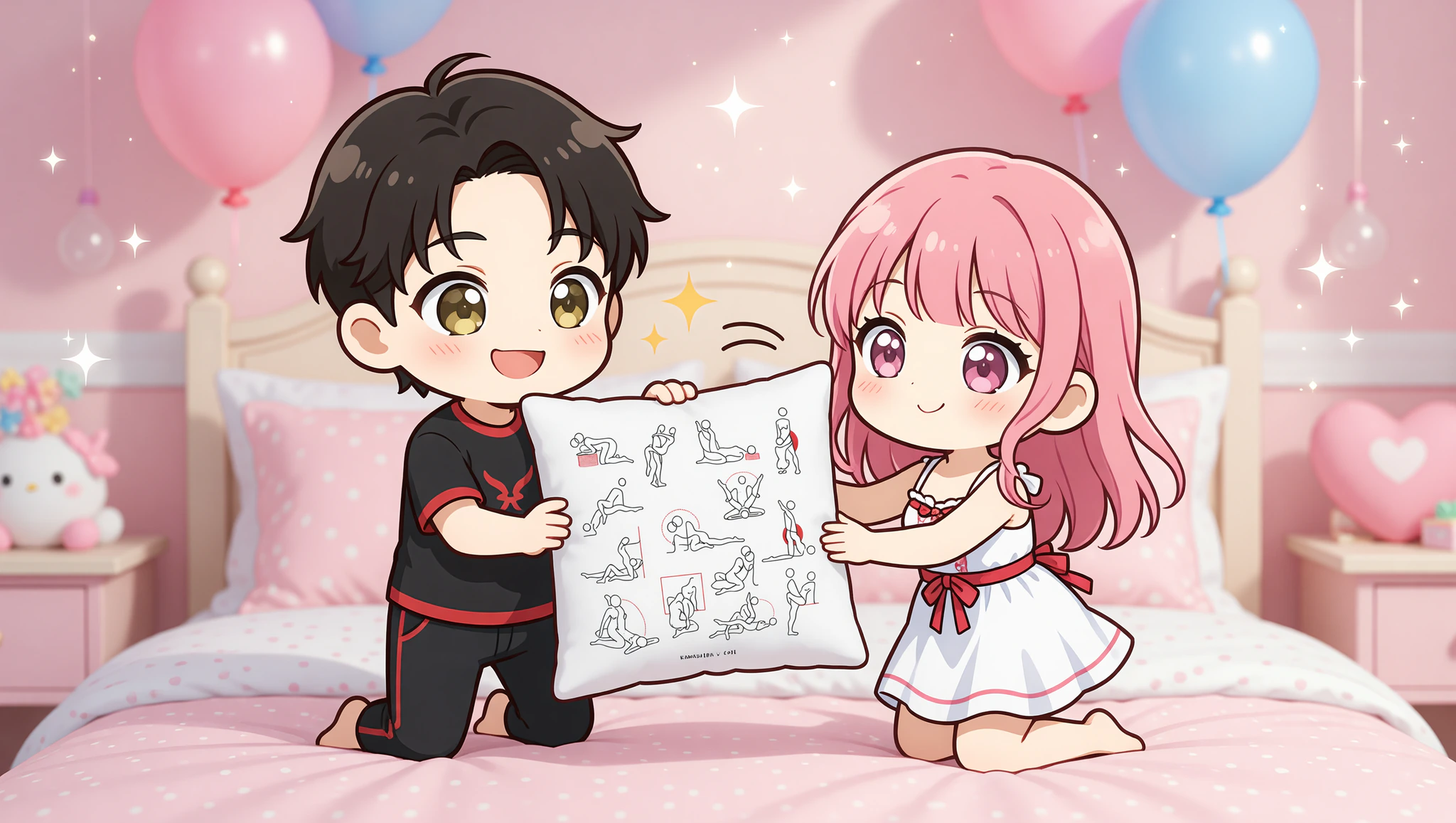 Chibi couple celebrating anniversary with surprise boutique pillow.