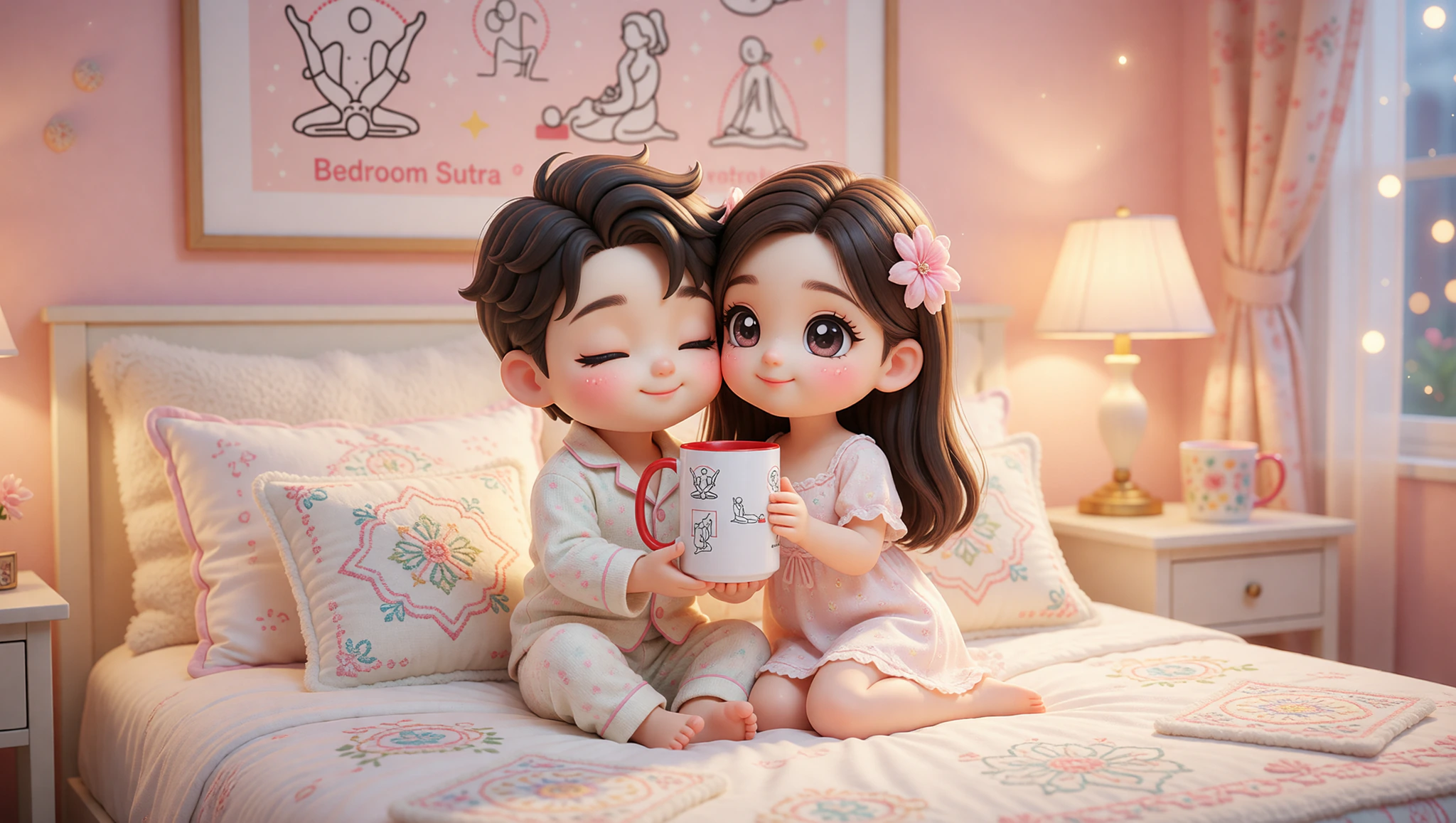Man and woman cuddling intimately on bed surrounded by sutra decor like wall art and bedside mug.