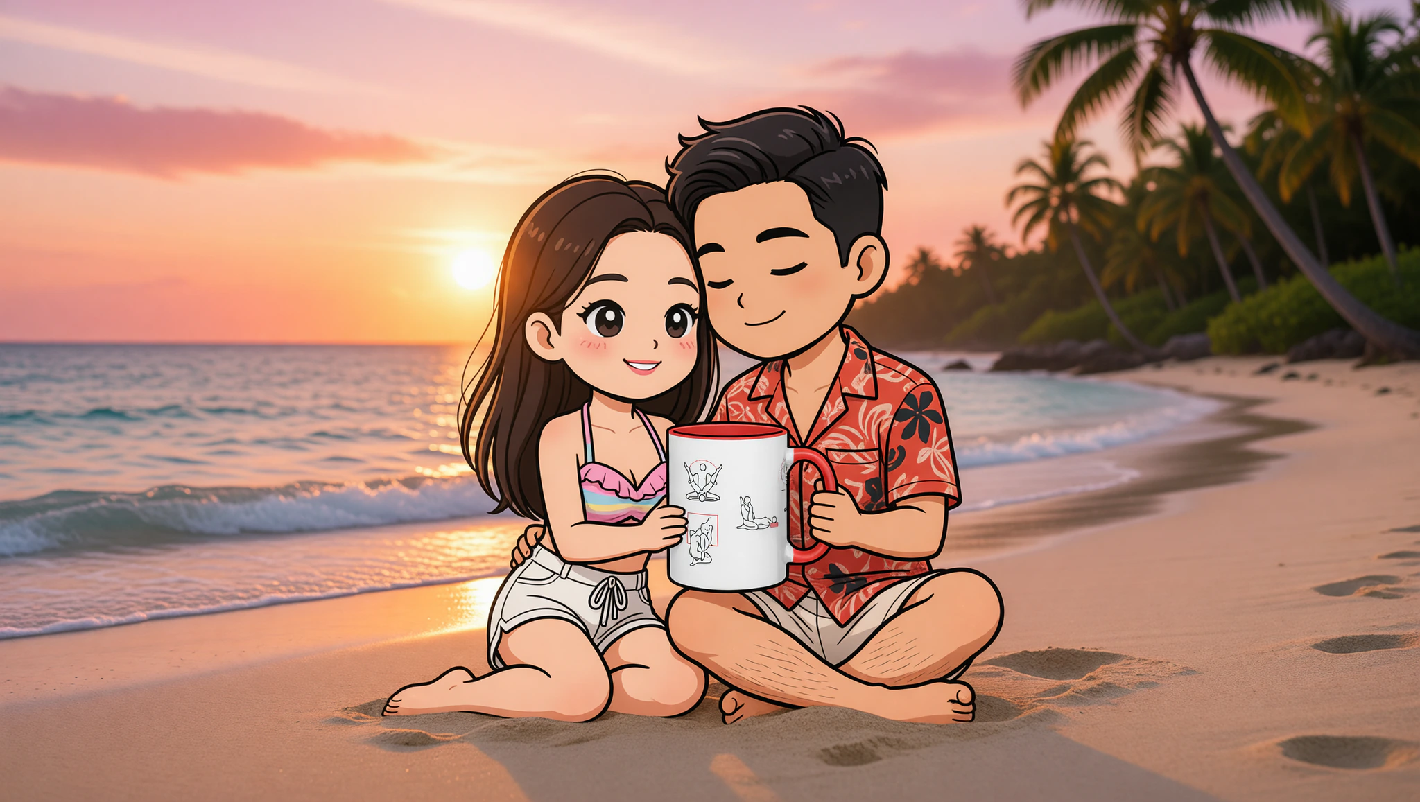 A man and a woman couple locked in an intimate missionary position on a sunset exotic beach.