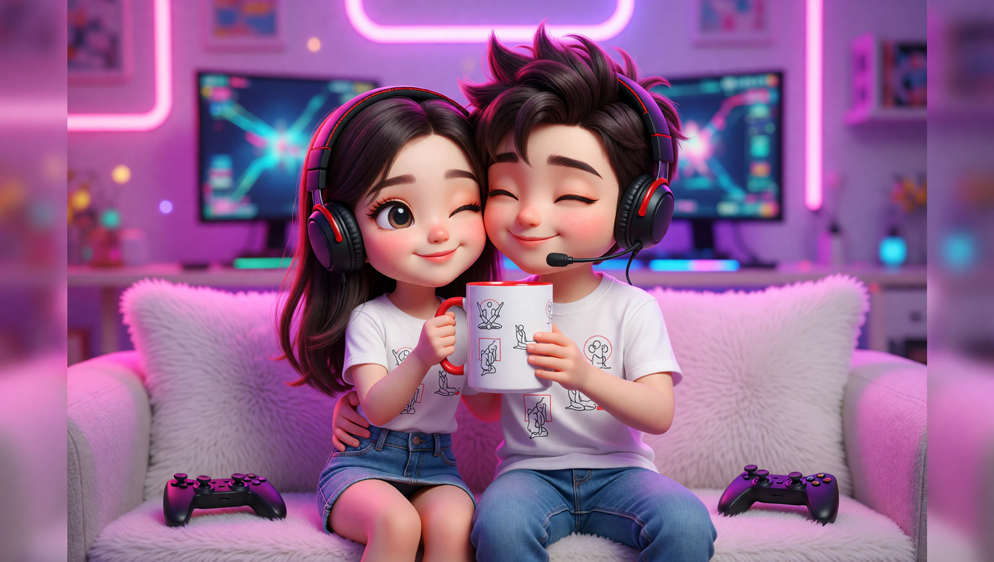 Gamer couple on couch blending gaming fun with sutra-inspired intimate embrace under neon lights.