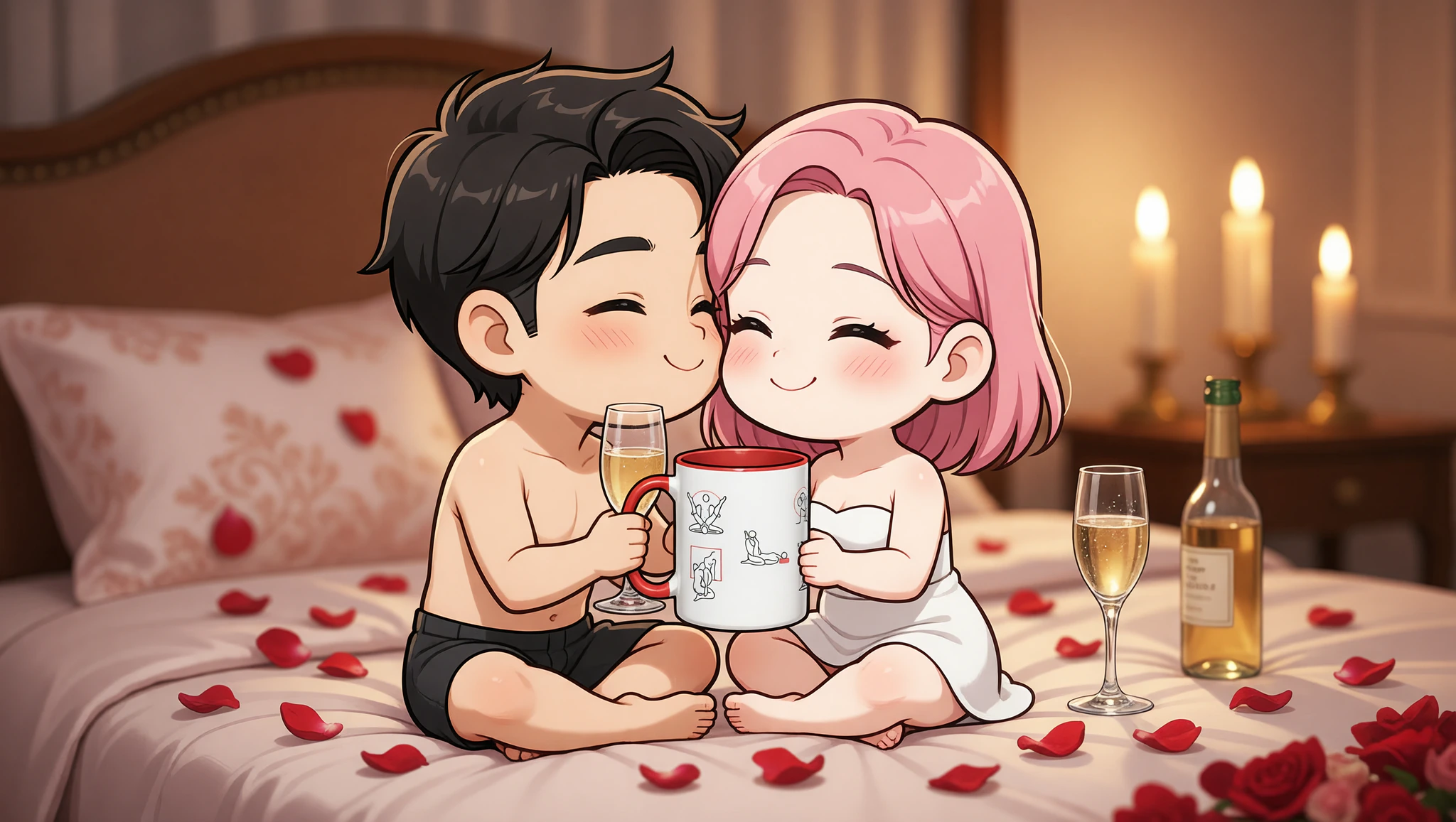 A man and woman in a loving Lotus embrace, celebrating their milestone with steamy Sutra passion amid candles and petals.