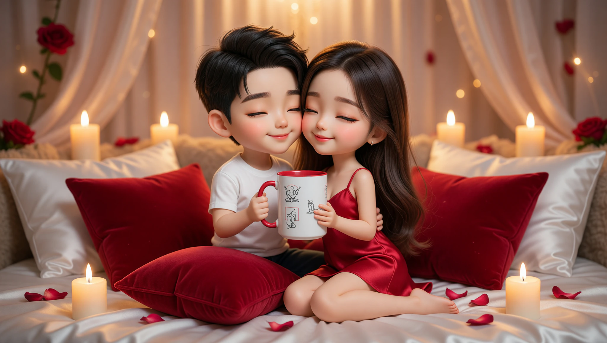 A loving couple cuddles in a plush, candlelit sutra space designed for passionate exploration.