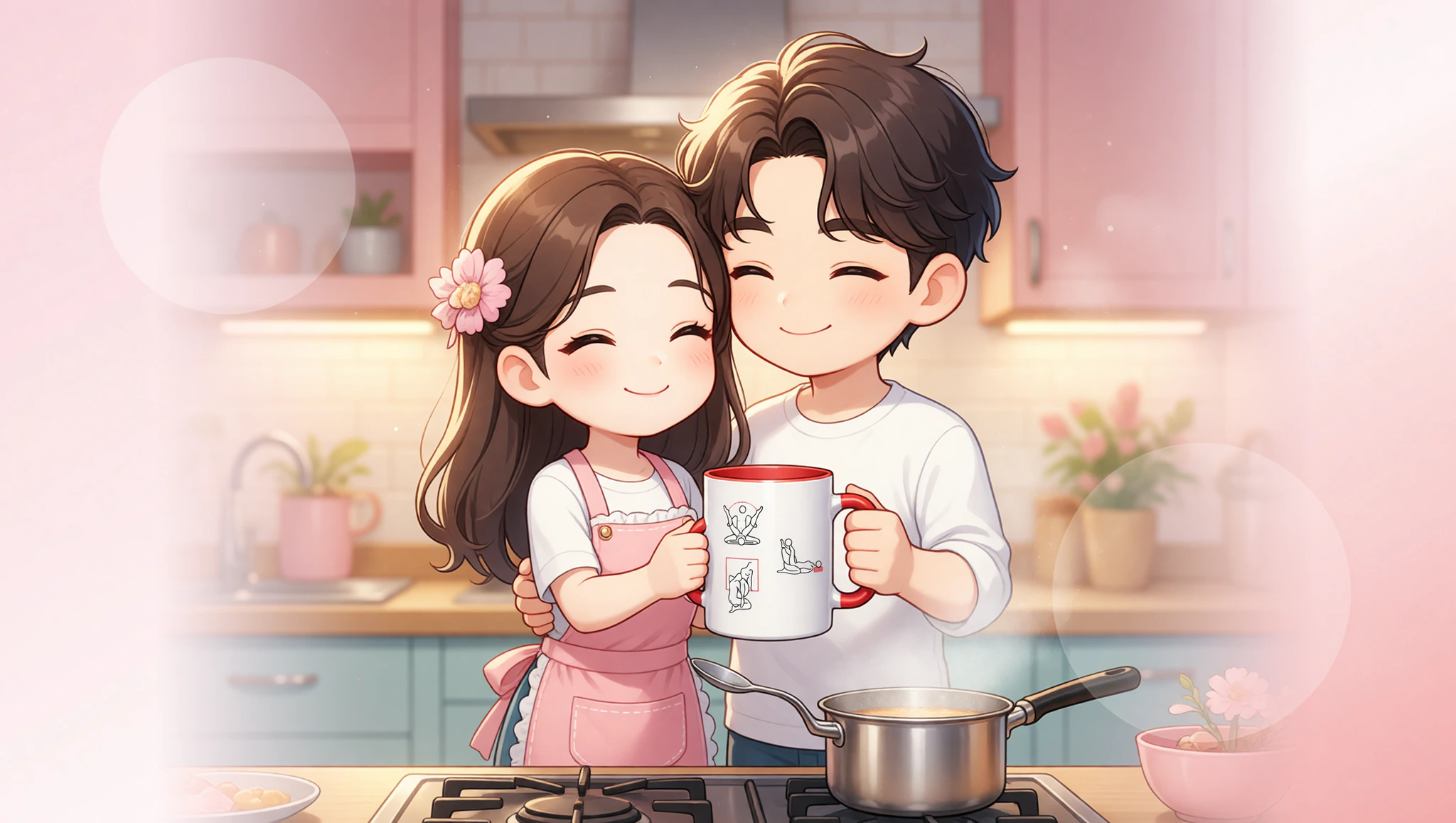 A man and woman couple sharing a flirty stirring spoon embrace in their kitchen during Kitchen Sutra play.