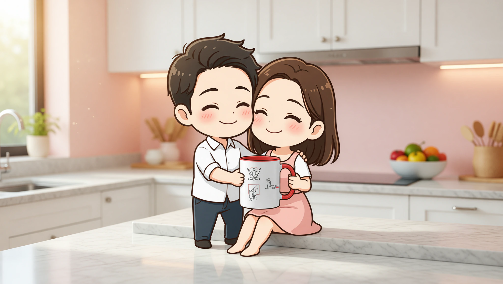 Couple on kitchen counter edge.