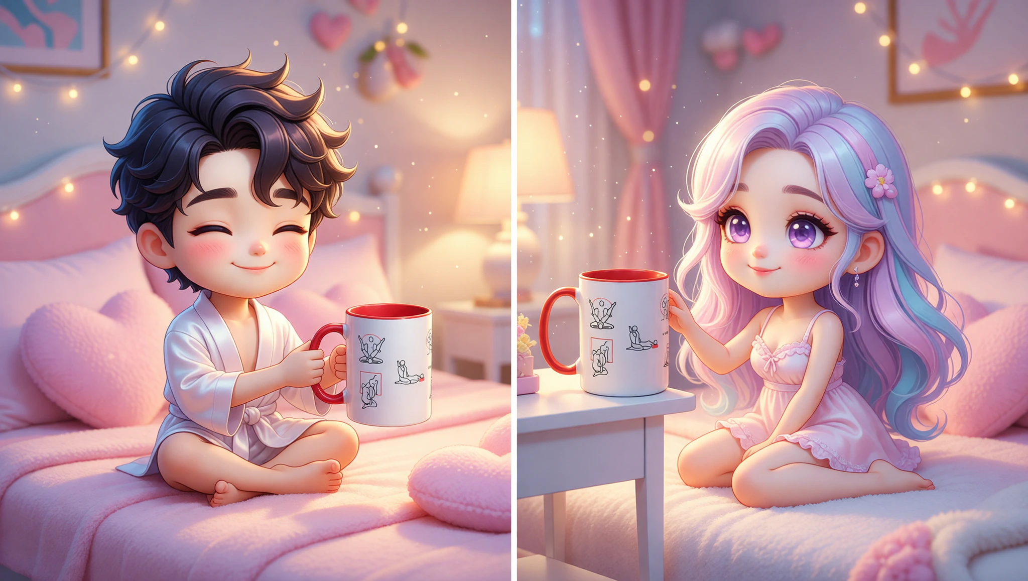A man and woman connecting passionately via video call with flirty Sutra poses and colorful mugs.