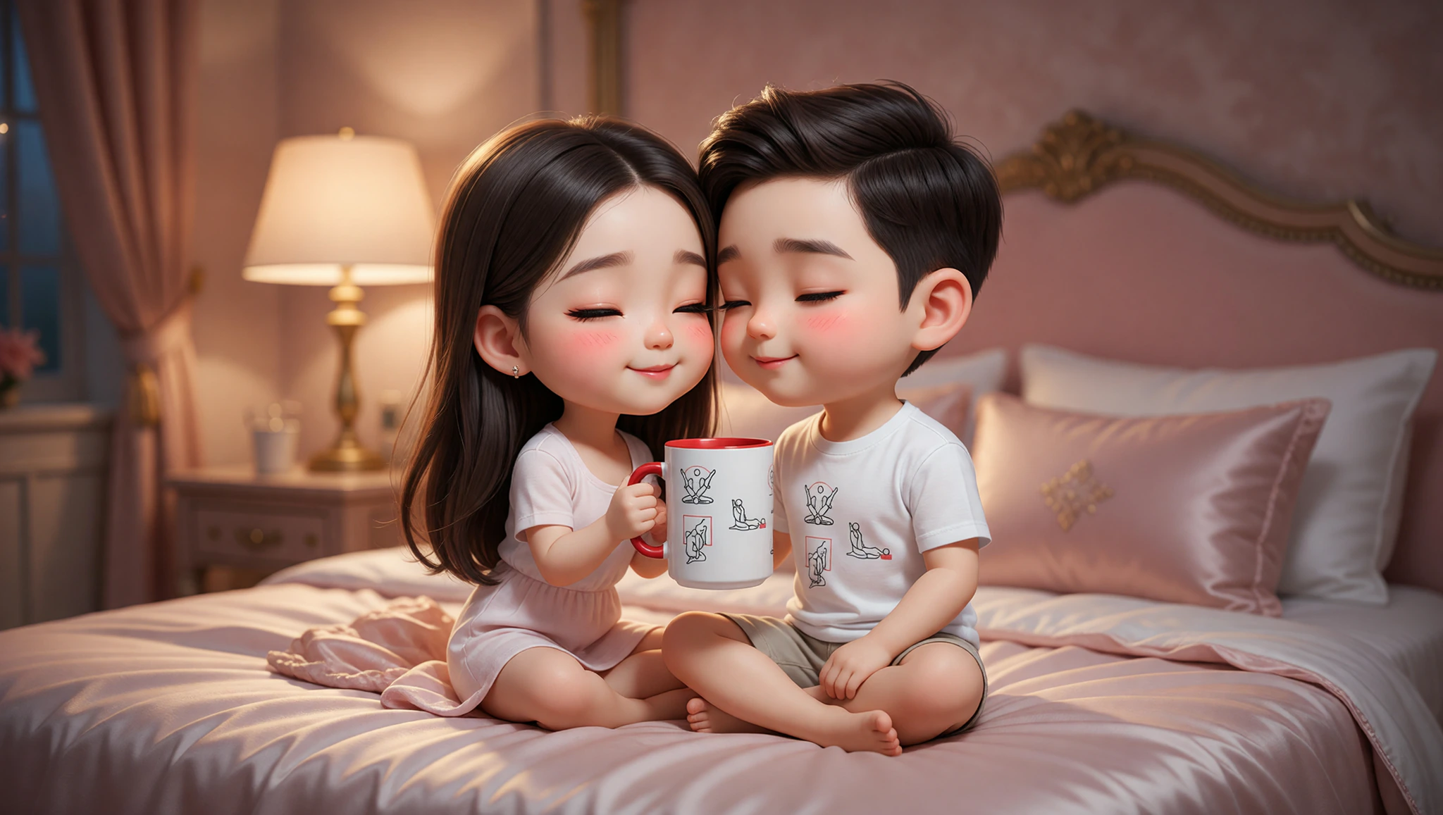 Newlywed couple intimately connected in a sutra-inspired lotus position on a cozy bed.