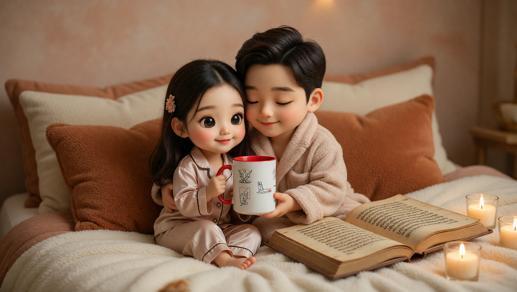 A loving man and woman couple embracing tenderly while exploring sutra insights on their bed.