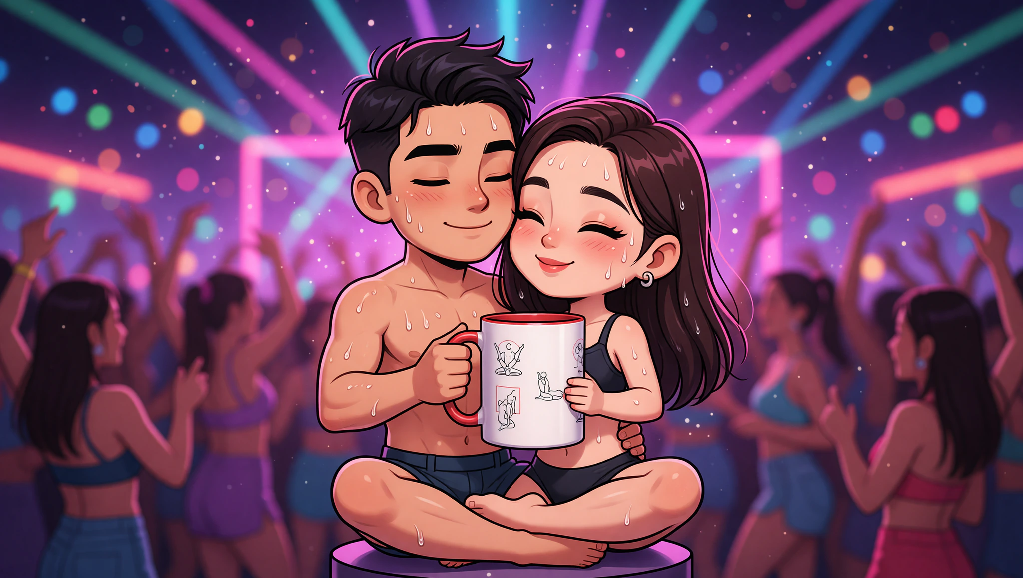 Man and woman couple locked in a flirty festival lotus lean surrounded by throbbing lights and revelers.