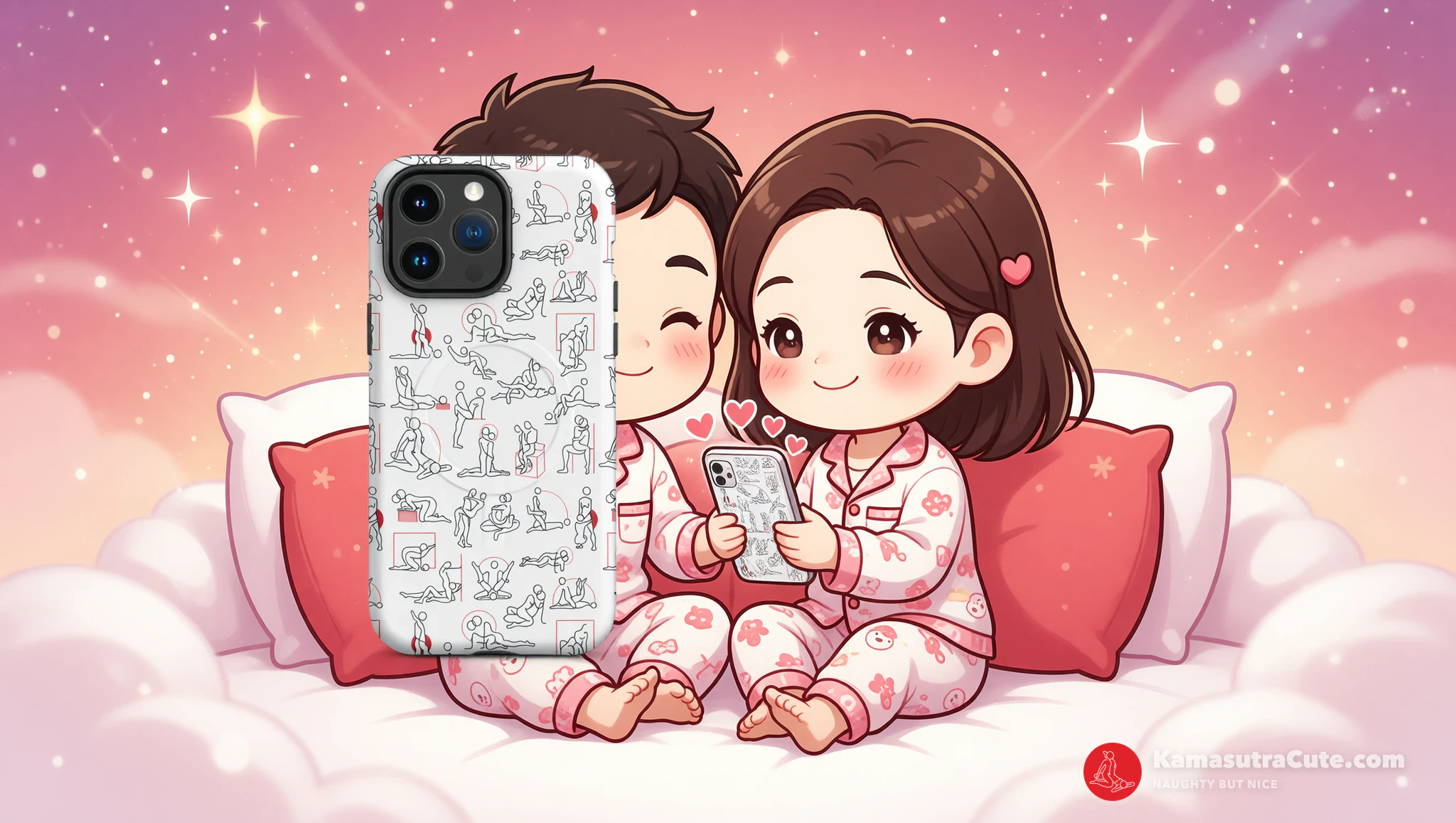 Cute Kamasutra couple sending flirty bedtime texts