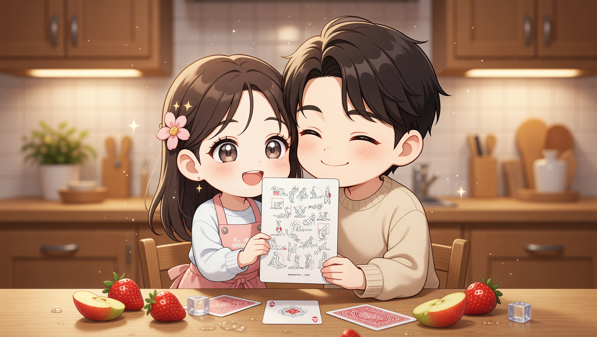 Pareja hombre y mujer en momento apasionado sobre la encimera de cocina, con luz cálida y conexión intensa.