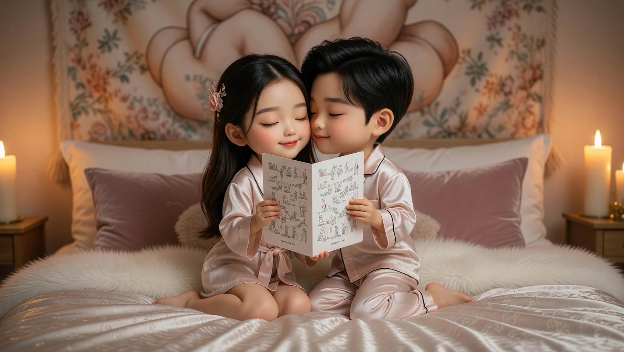 Pareja heterosexual en pose de loto del Kamasutra rodeada de texturas tentadoras como sedas y plumas para una conexión ardiente.