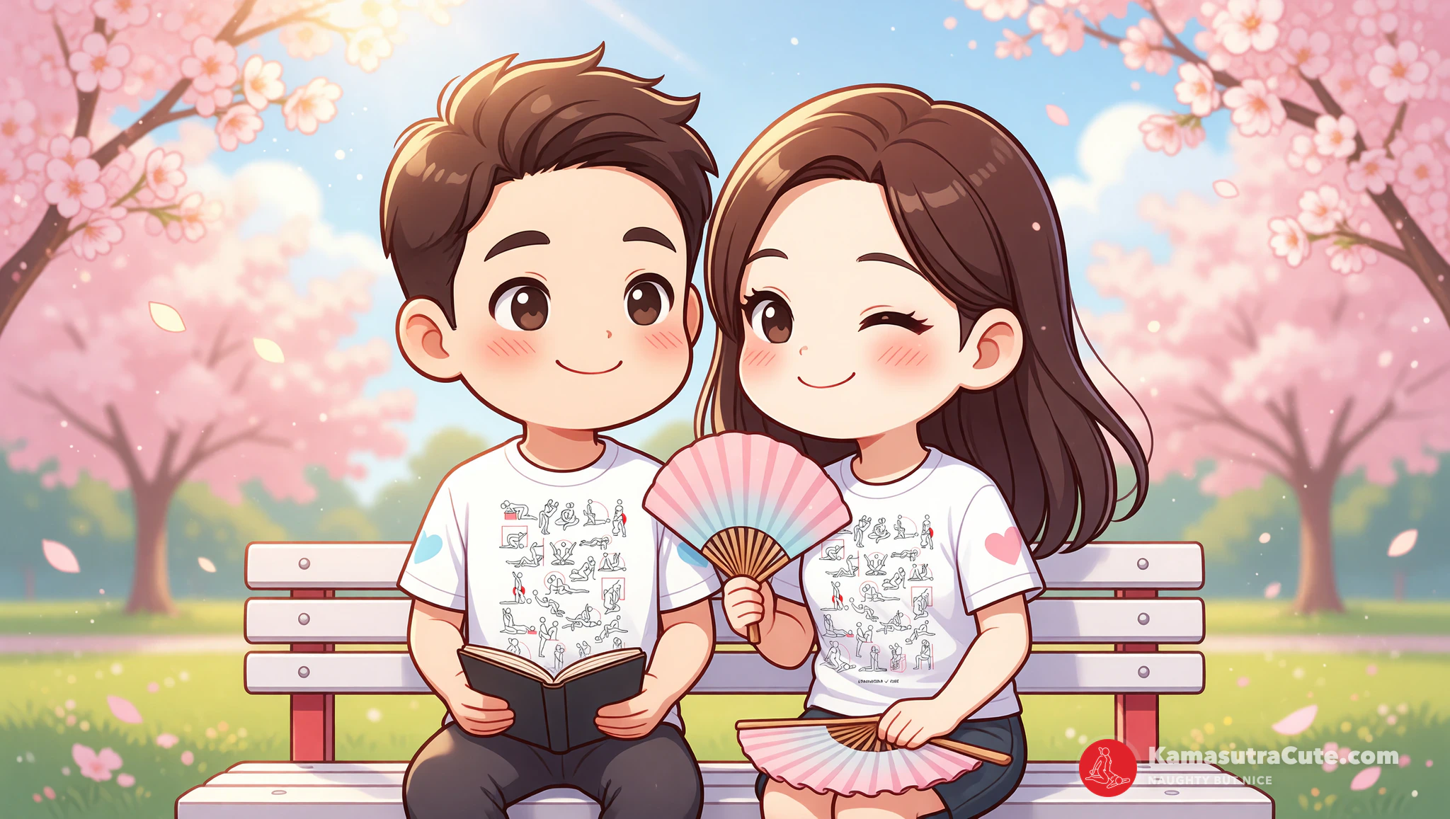 Couple enjoying discrete public tease in cafe wearing Kamasutra Cute t-shirt