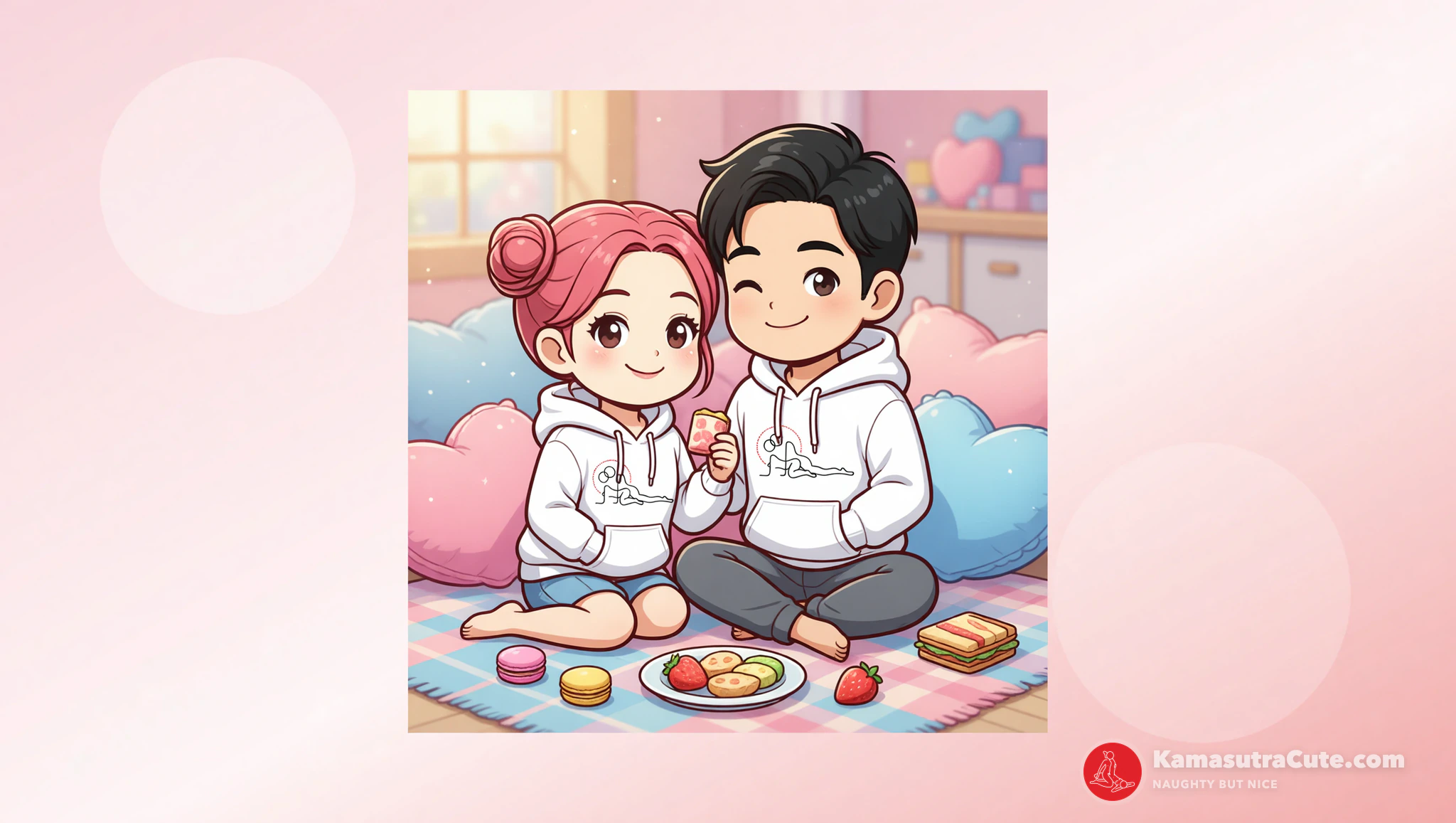 Couple in Kamasutra Cute hoodies enjoying flirty home staycation picnic.