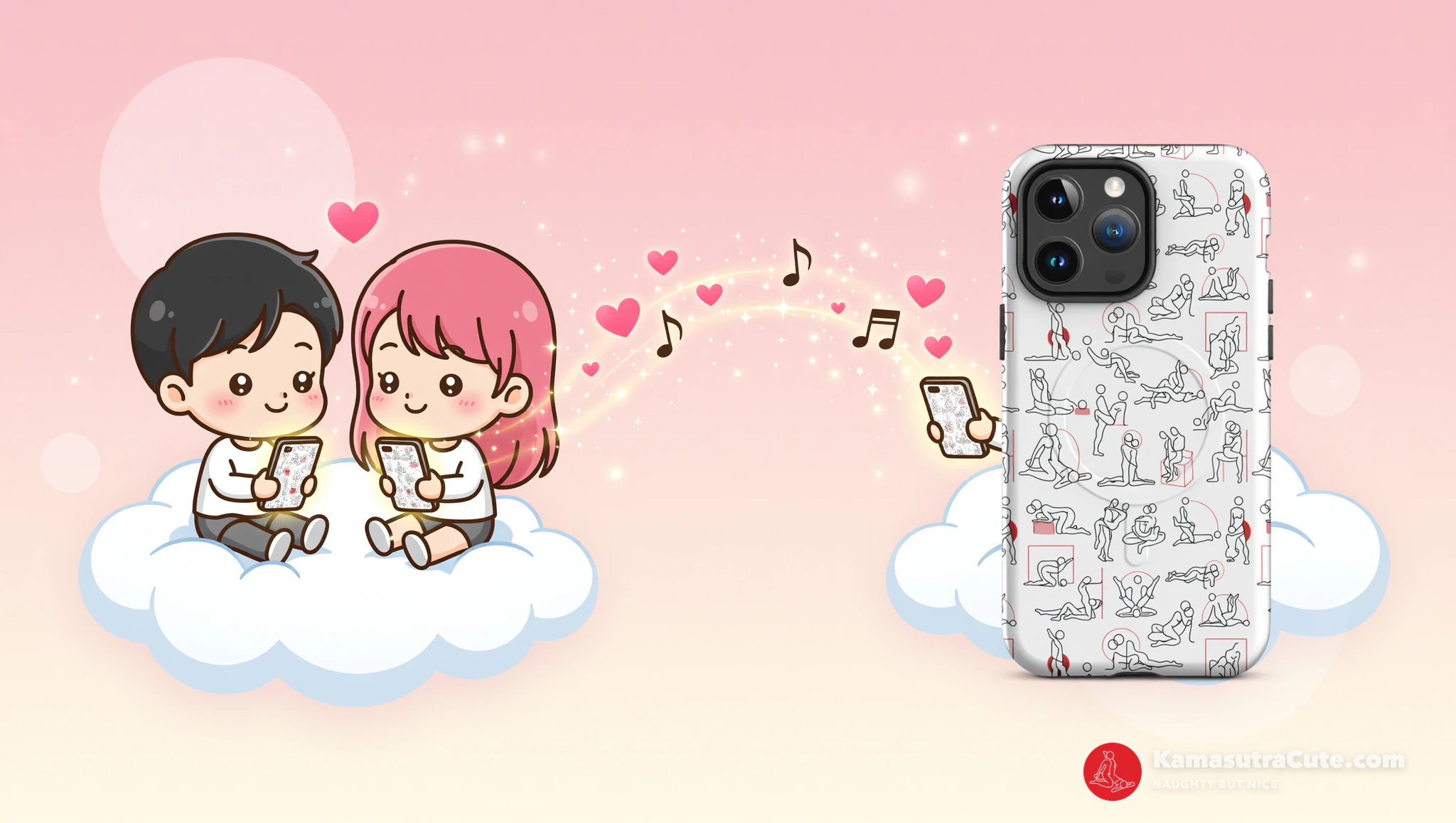 Long-distance couple using apps to spark romance with phones connected by love symbols.