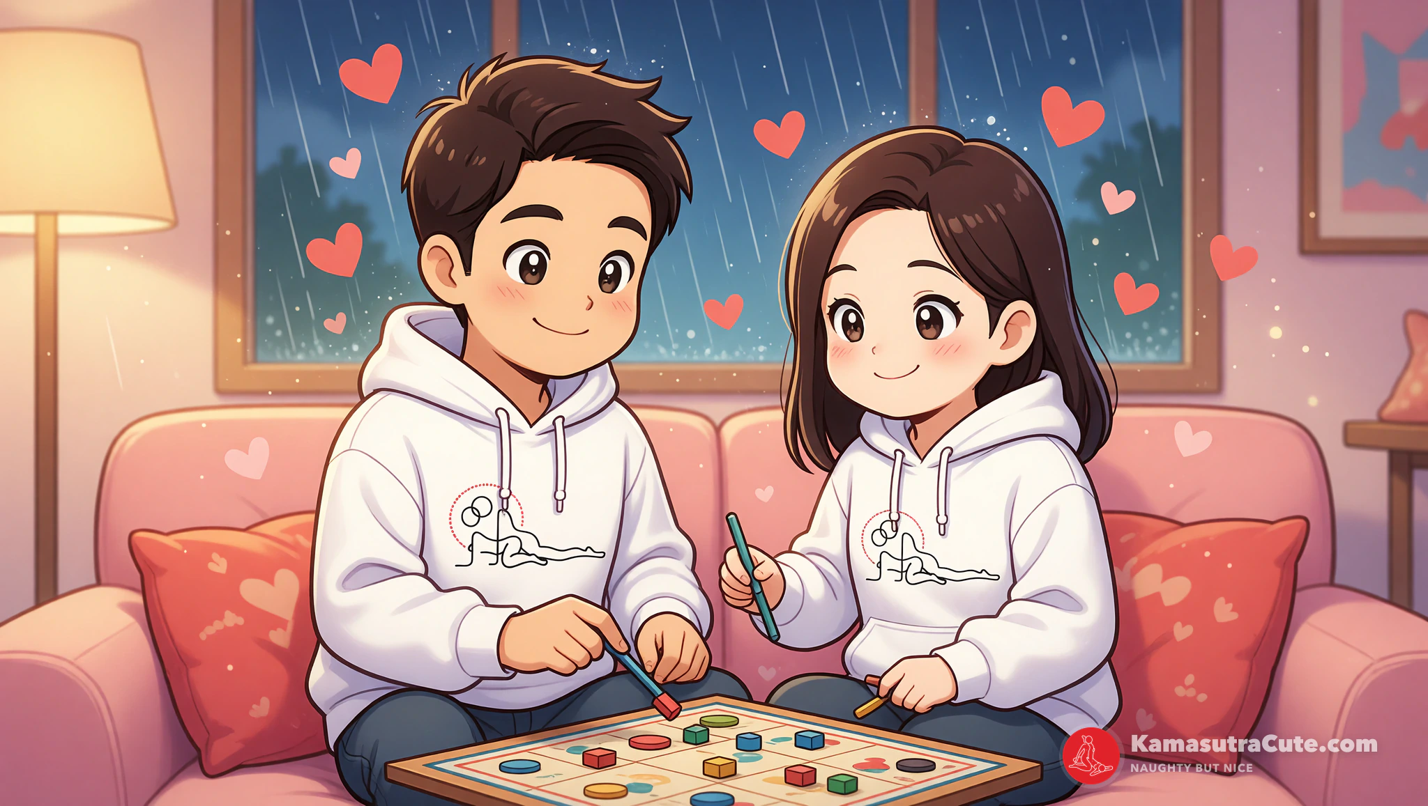 Couple in Kamasutra Cute hoodies enjoying cozy rainy date night games.