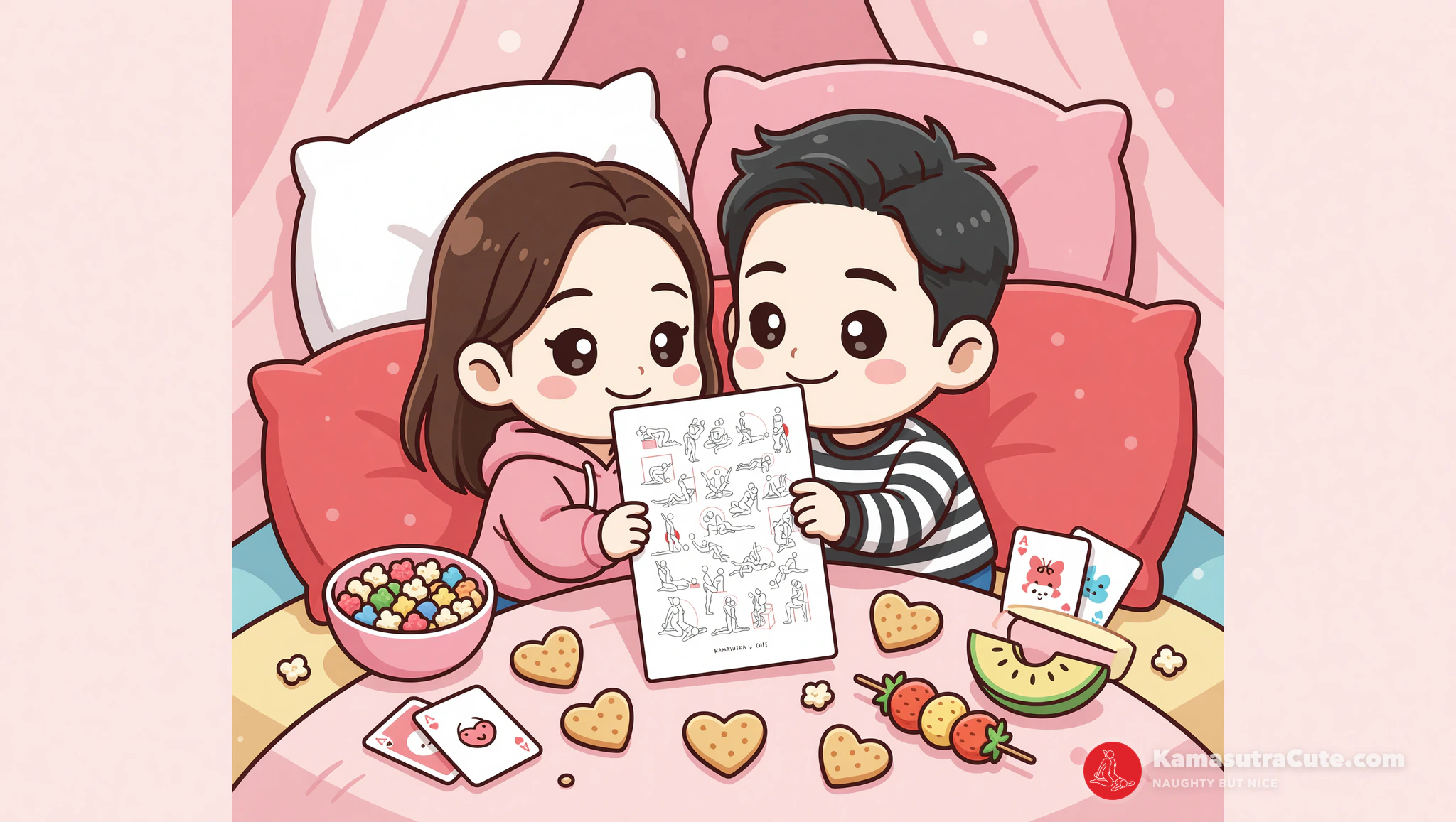 Couple in cozy gaming nook with naughty snacks and Kamasutra Cute Poker Cards.