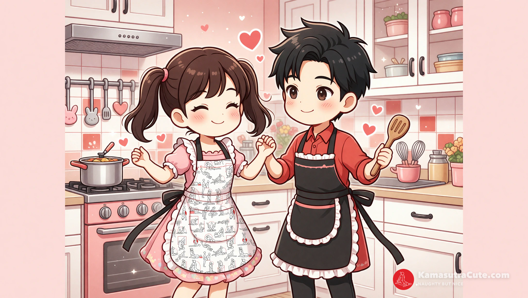 Couple in Kamasutra Cute Aprons cooking and dancing seductively in kitchen.
