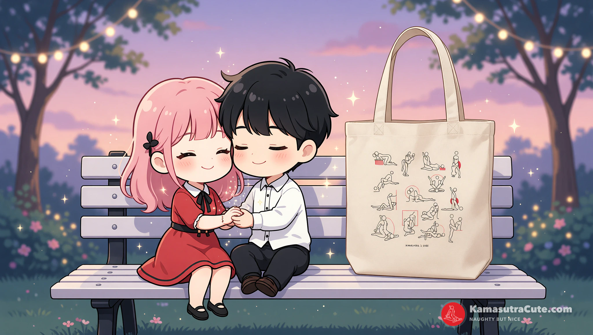 Couple enjoying private moment on park bench with eco tote bag.