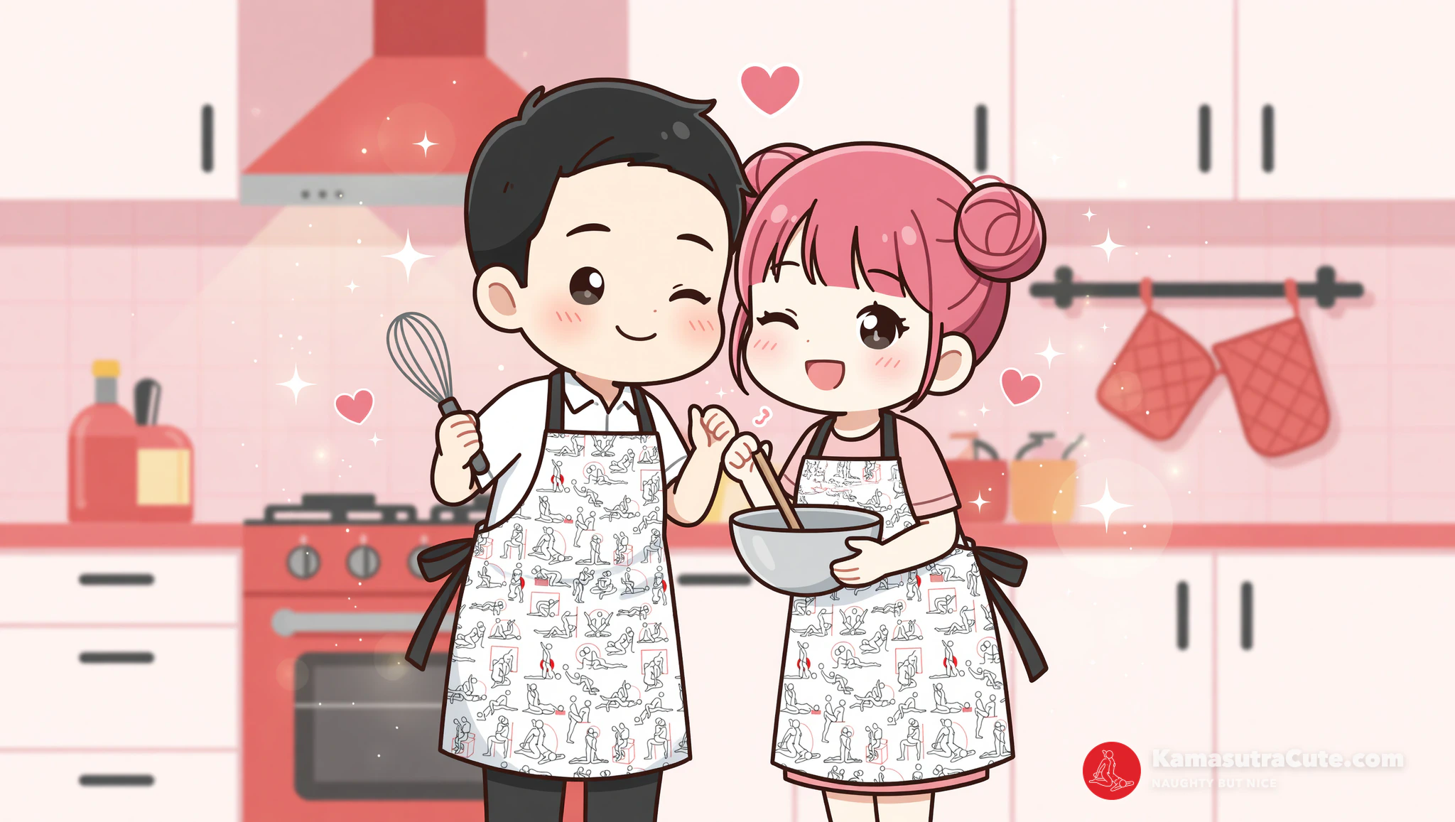 Newlyweds in aprons enjoying cute kitchen date night.
